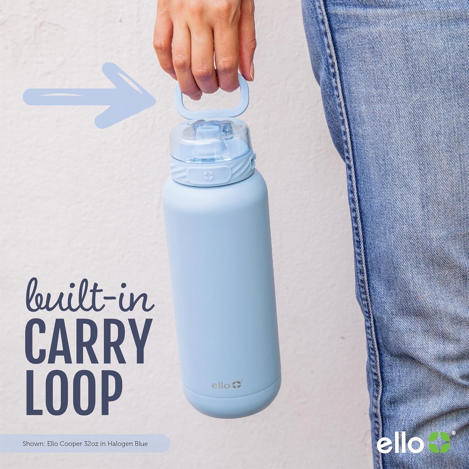 Highlights the built-in carry loop feature on the bottle lid, demonstrating the product's portability and ease of carrying for on-the-go use. Communicates the convenience and portability benefit of…