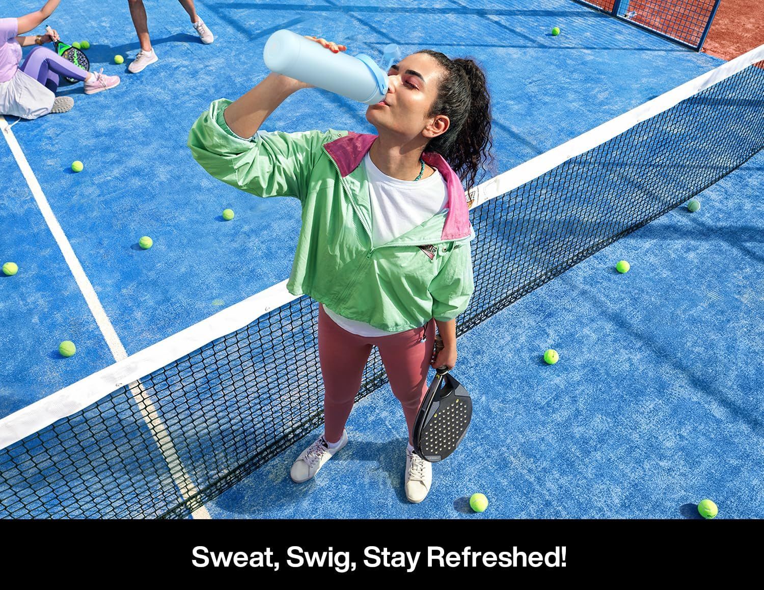 Showcases the product in a real-world sports/recreation context to help shoppers visualize using it during active outdoor activities like tennis or paddle sports.