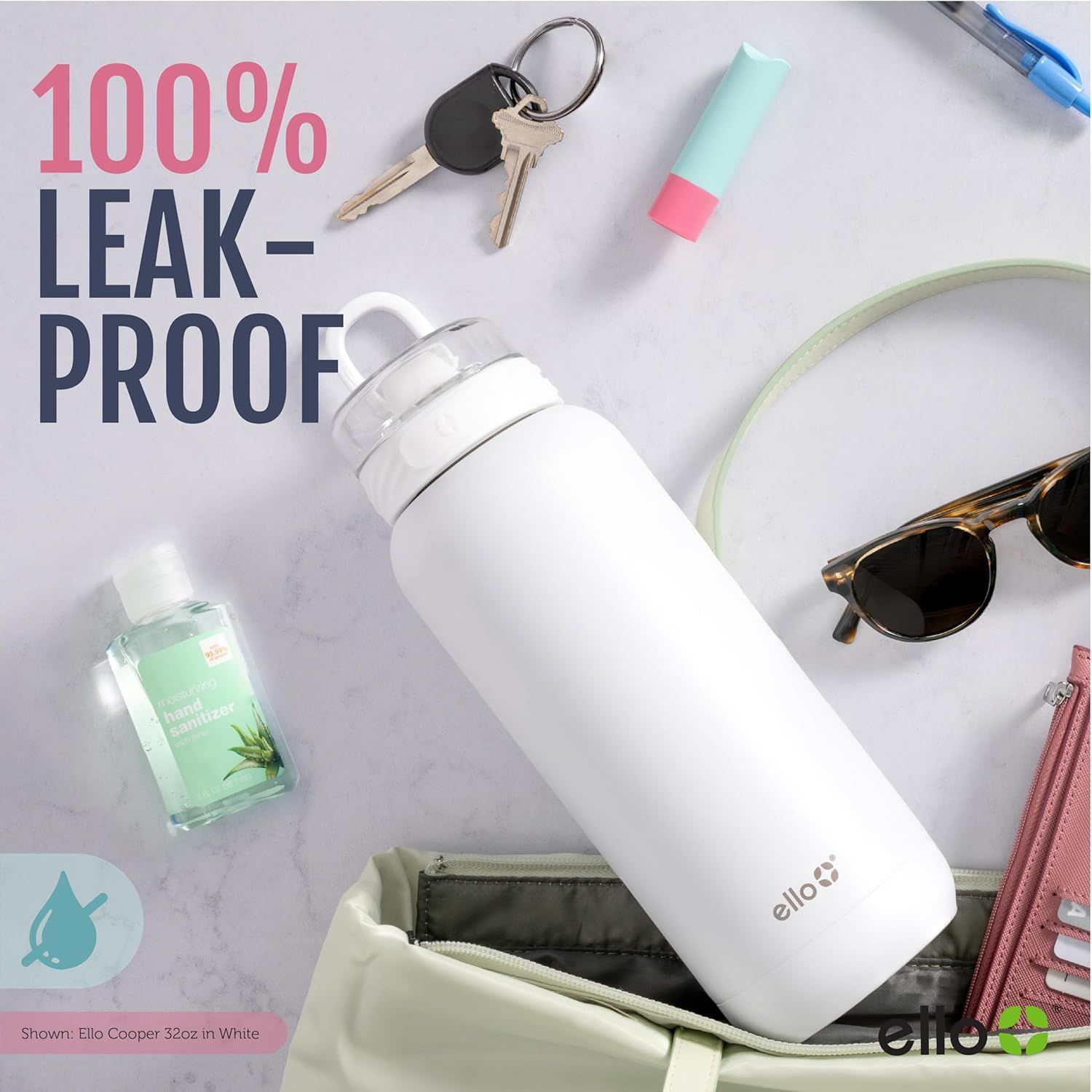 Communicates that the water bottle is 100% leak-proof, reassuring shoppers they can safely carry it in bags with other items without worrying about spills.