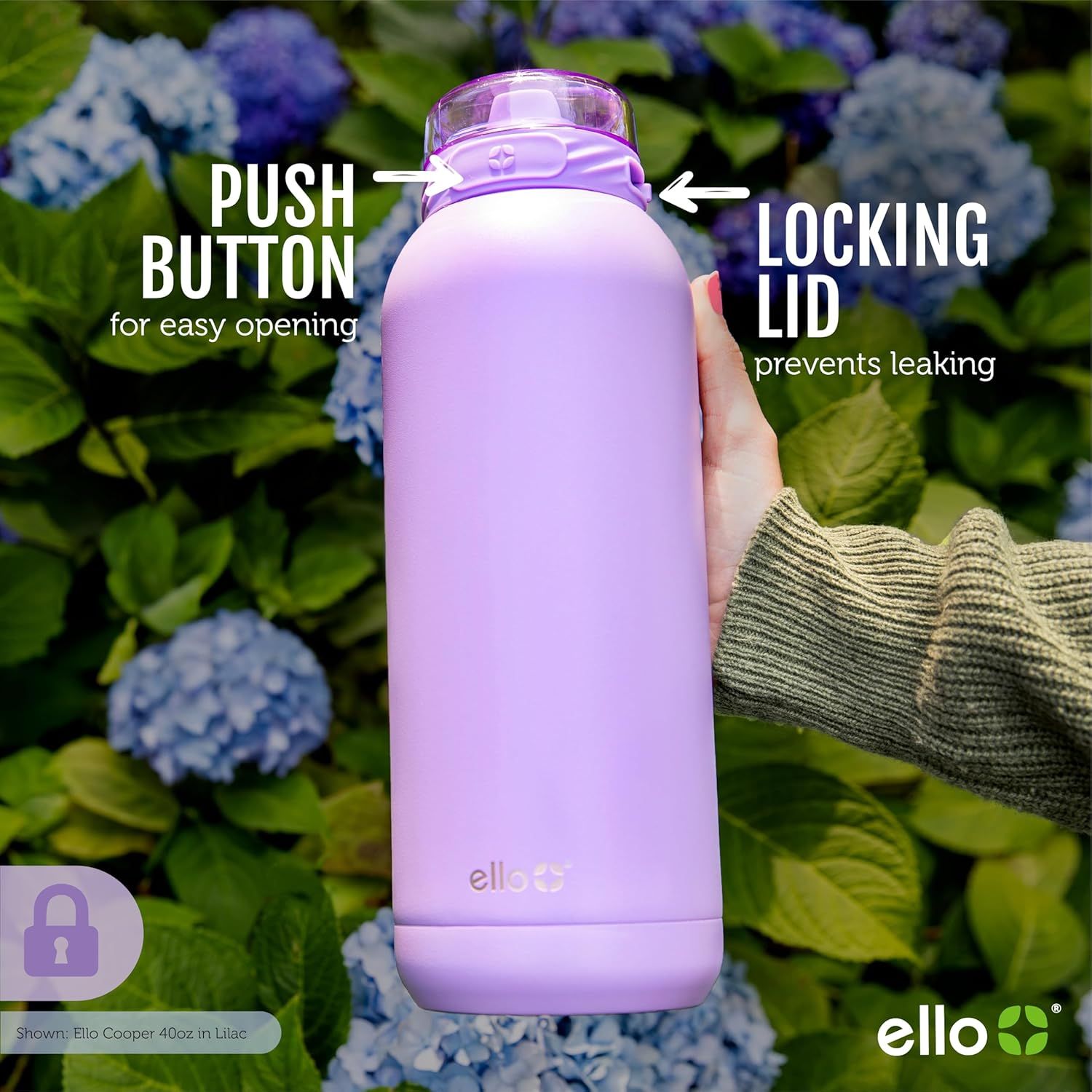 Highlights the key functional components of the water bottle—the push button for easy opening and the locking lid that prevents leaking—to reassure shoppers of its convenience and leak-proof design.
