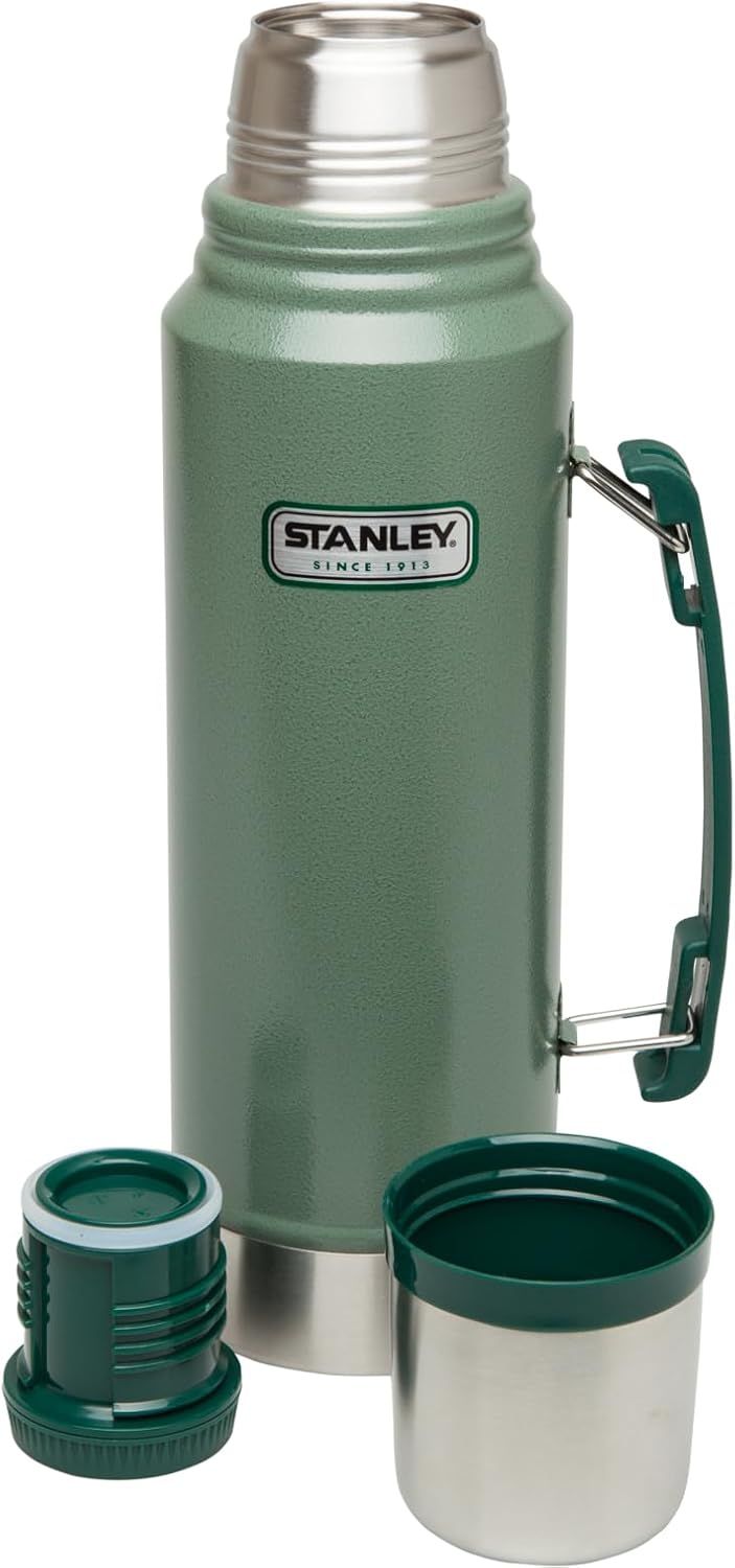 Shows the customer everything included with the thermos purchase: the main bottle, the screw-top lid/stopper, and the cup/cap, demonstrating the complete package and versatility of the product.