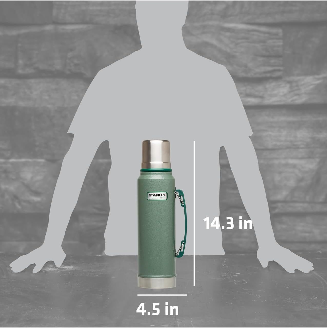 Communicates the exact physical size of the Stanley thermos (14.3 inches tall, 4.5 inches wide) using a human silhouette for scale reference, helping shoppers understand portability and storage…
