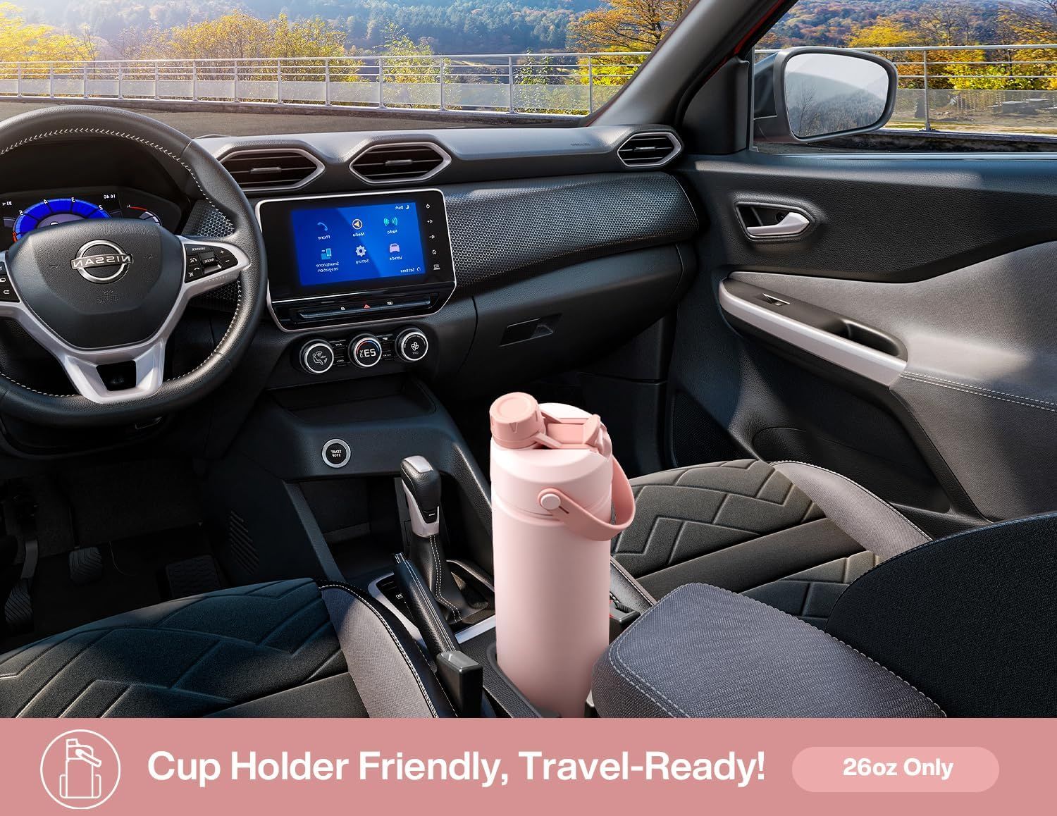 Demonstrates that the water bottle fits perfectly in a car cup holder and is designed for portability and travel convenience.