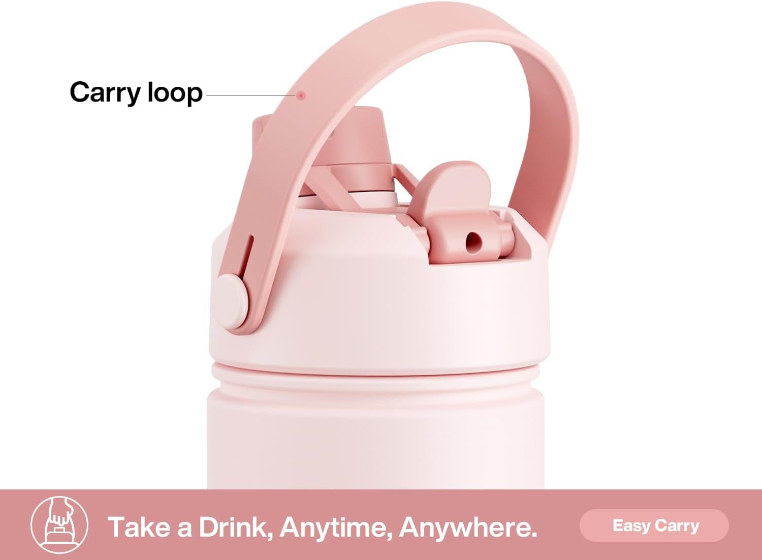 Highlights the carry loop feature to show shoppers the product is portable and easy to transport. Communicates the portability benefit with the tagline Take a Drink Anytime Anywhere and Easy Carry…