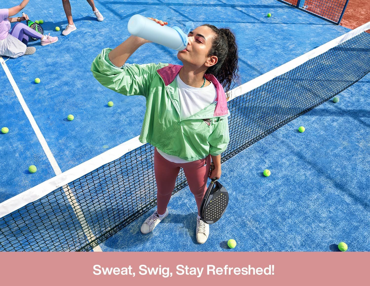 Demonstrates the product in a real-world sports/active lifestyle context to help shoppers visualize using it during physical activities like tennis or paddle sports.