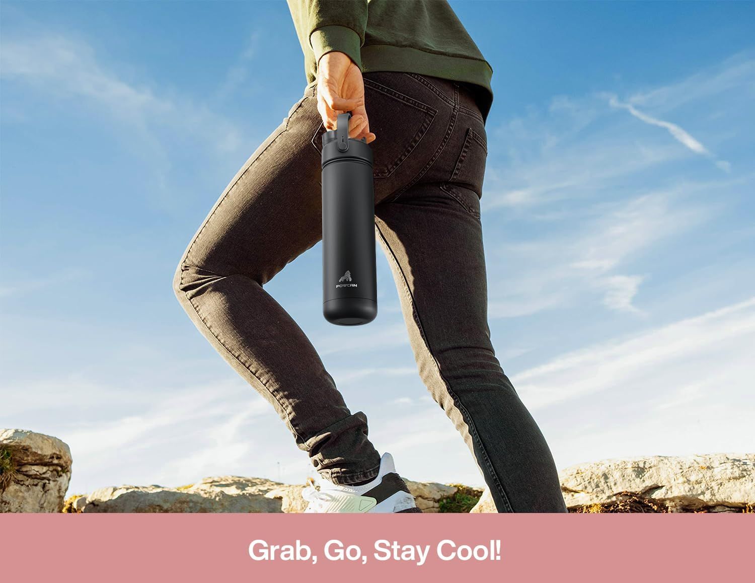 Communicates that the water bottle is designed for active, on-the-go lifestyles, emphasizing portability and convenience while staying cool during outdoor activities.