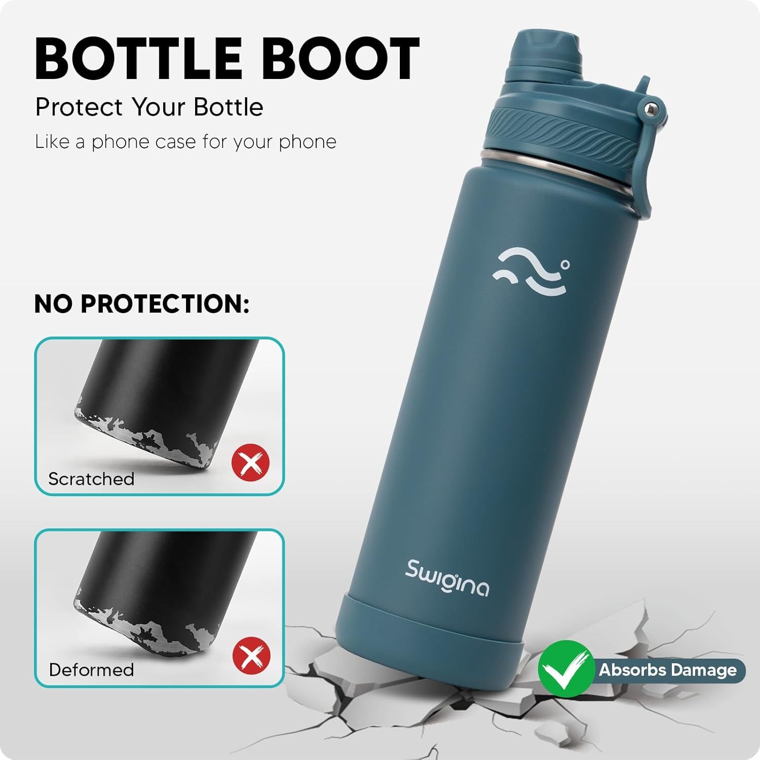 Demonstrates how the bottle boot protects against scratches and deformation compared to unprotected bottles, reassuring shoppers of the product's protective value. Highlights the core benefit of the…