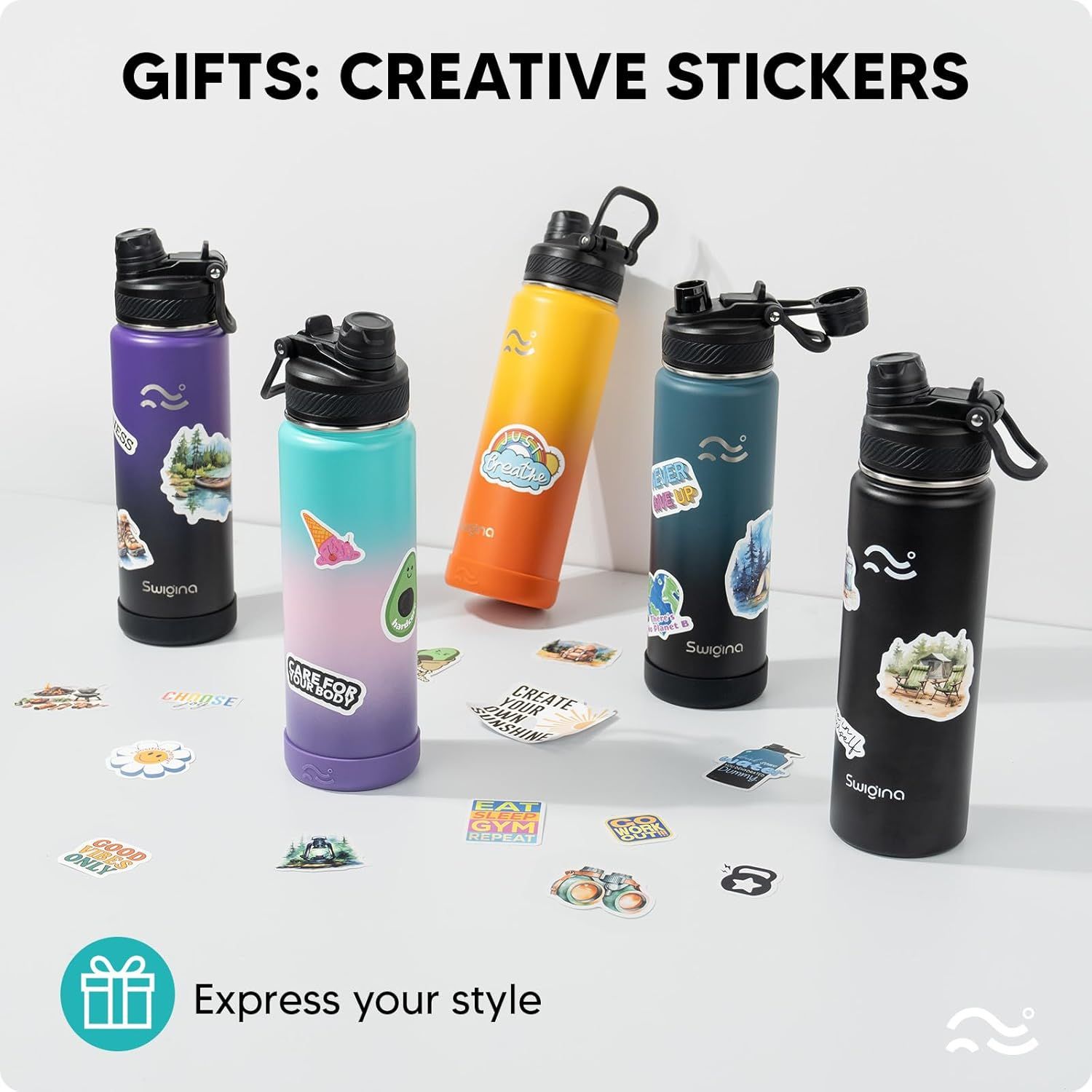 Positions the water bottles as customizable gift items with creative stickers, emphasizing self-expression and gifting appeal. Shows that the product comes with decorative stickers for…