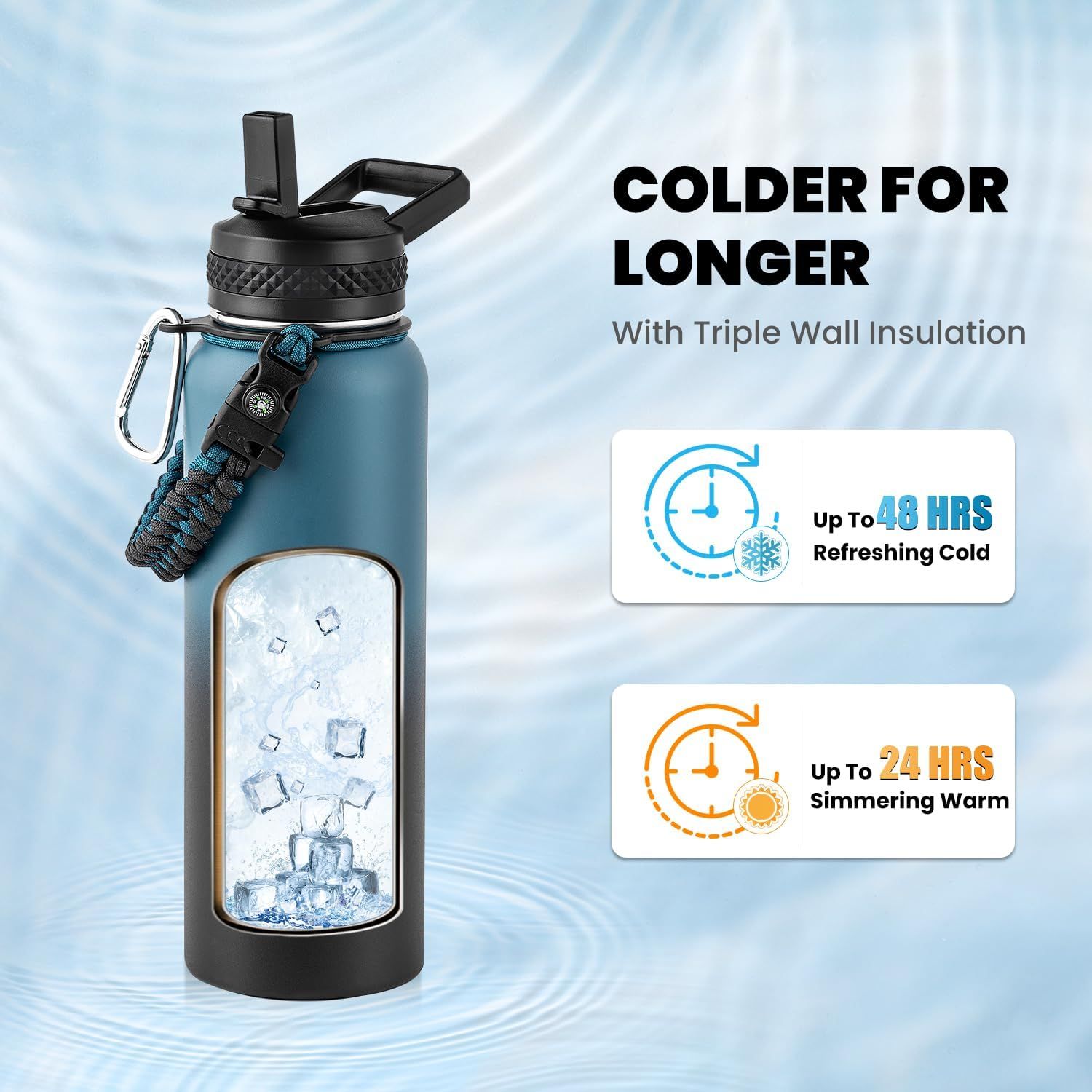 Communicates the product's superior insulation performance by highlighting specific time-based metrics for keeping beverages cold (48 hours) and warm (24 hours), reassuring shoppers of long-lasting…