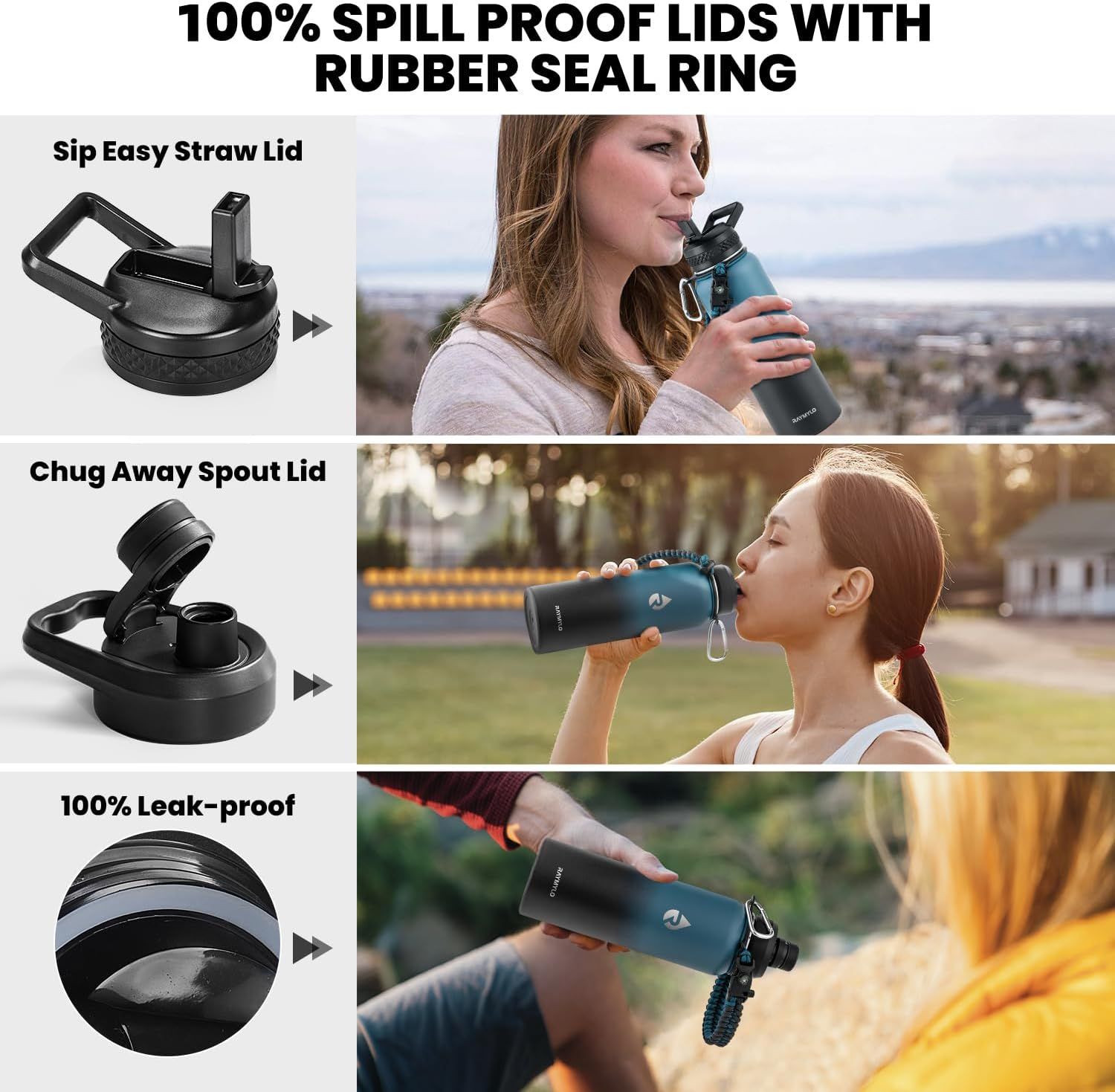 Demonstrates the water bottle's versatile lid options and leak-proof design to reassure shoppers that the product prevents spills and offers multiple drinking methods for different use cases.