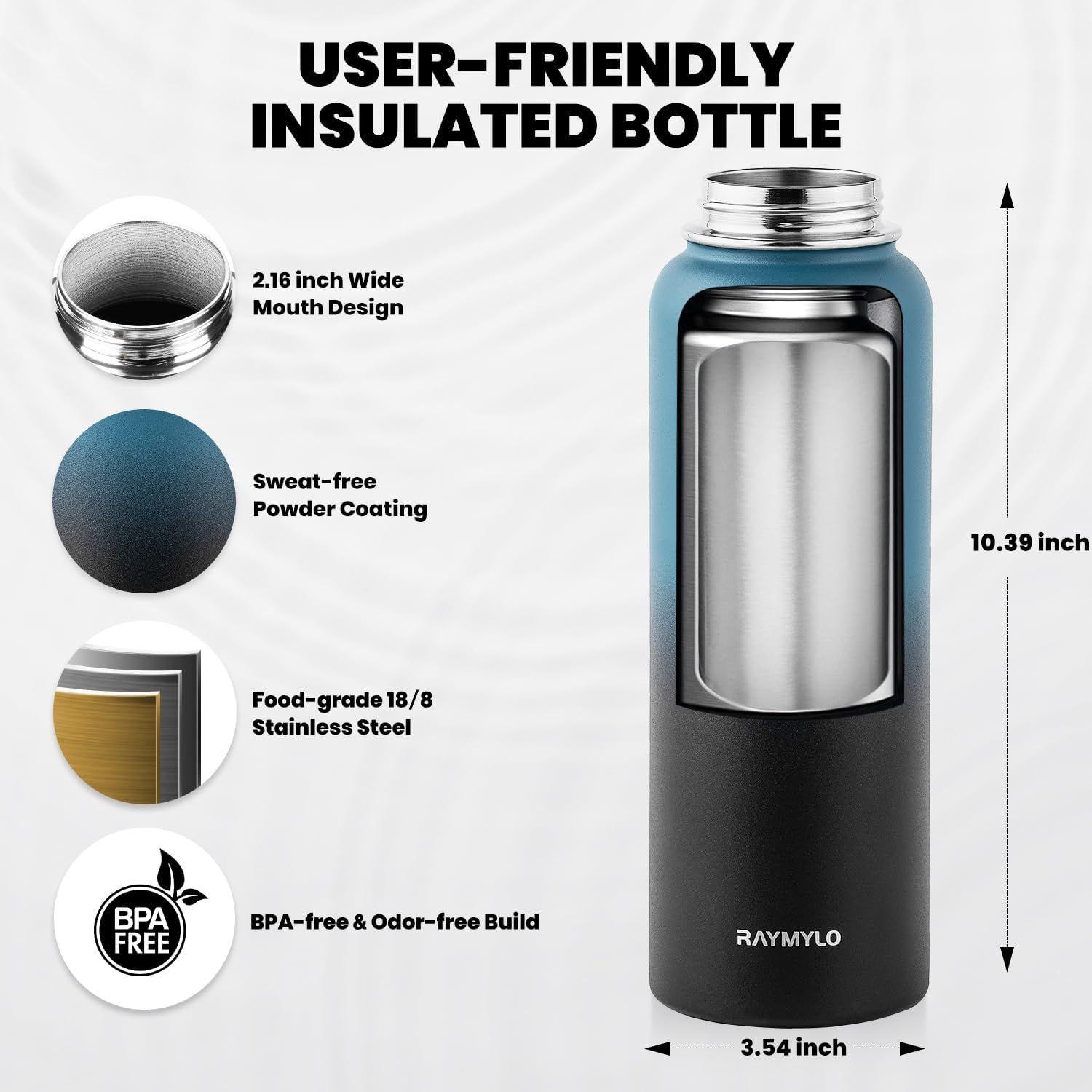 This image breaks down the insulated bottle's key physical components and material features to help shoppers understand the product's construction quality and user-friendly design elements. Provides…
