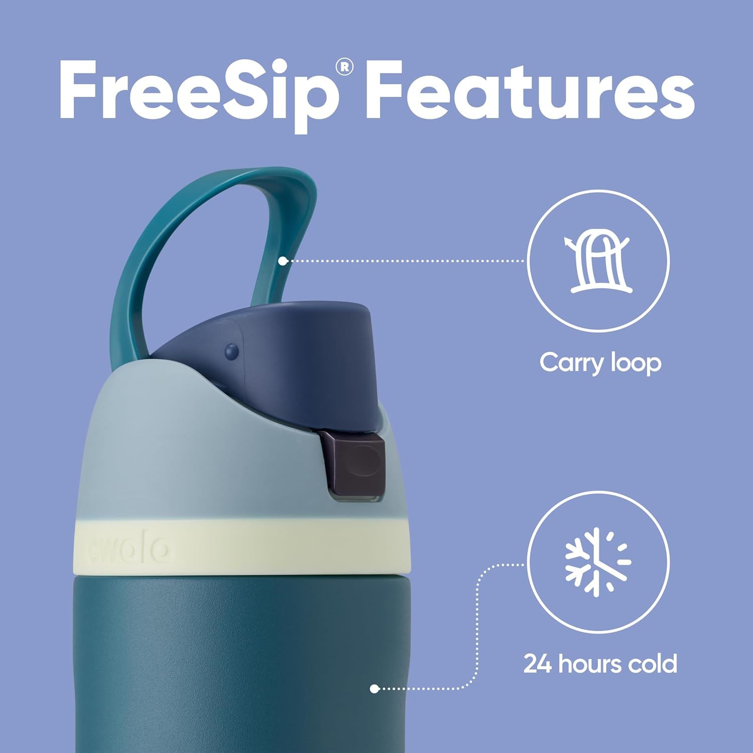 Highlights the key physical features of the FreeSip bottle—the carry loop for portability and the insulation capability that keeps drinks cold for 24 hours—to help shoppers understand the product's…