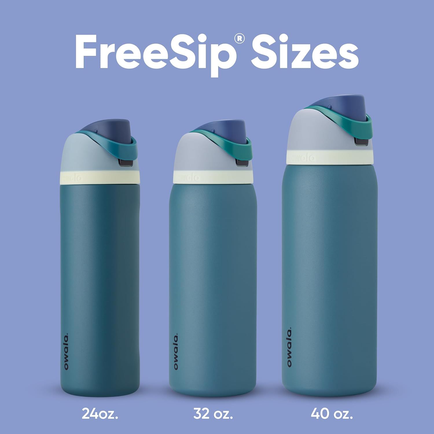 Showcases the three available size options (24oz, 32oz, 40oz) of the FreeSip water bottle to help shoppers choose the right capacity for their needs.