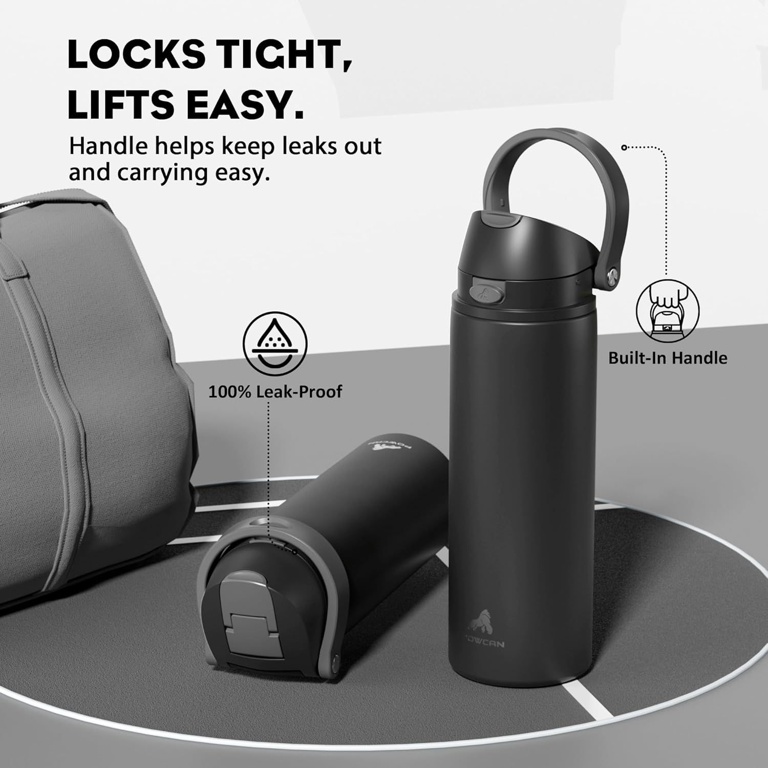 Communicates multiple key benefits of the water bottle including leak-proof design and convenient built-in handle for portability, reassuring shoppers about functionality and ease of use.