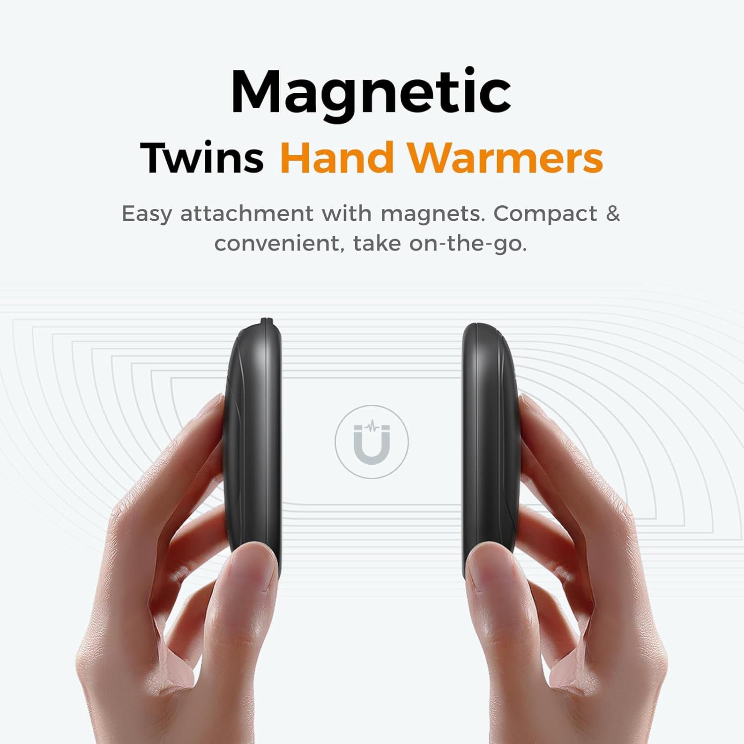 Highlights the magnetic attachment feature that makes the twin hand warmers easy to connect and portable, emphasizing convenience for on-the-go use.