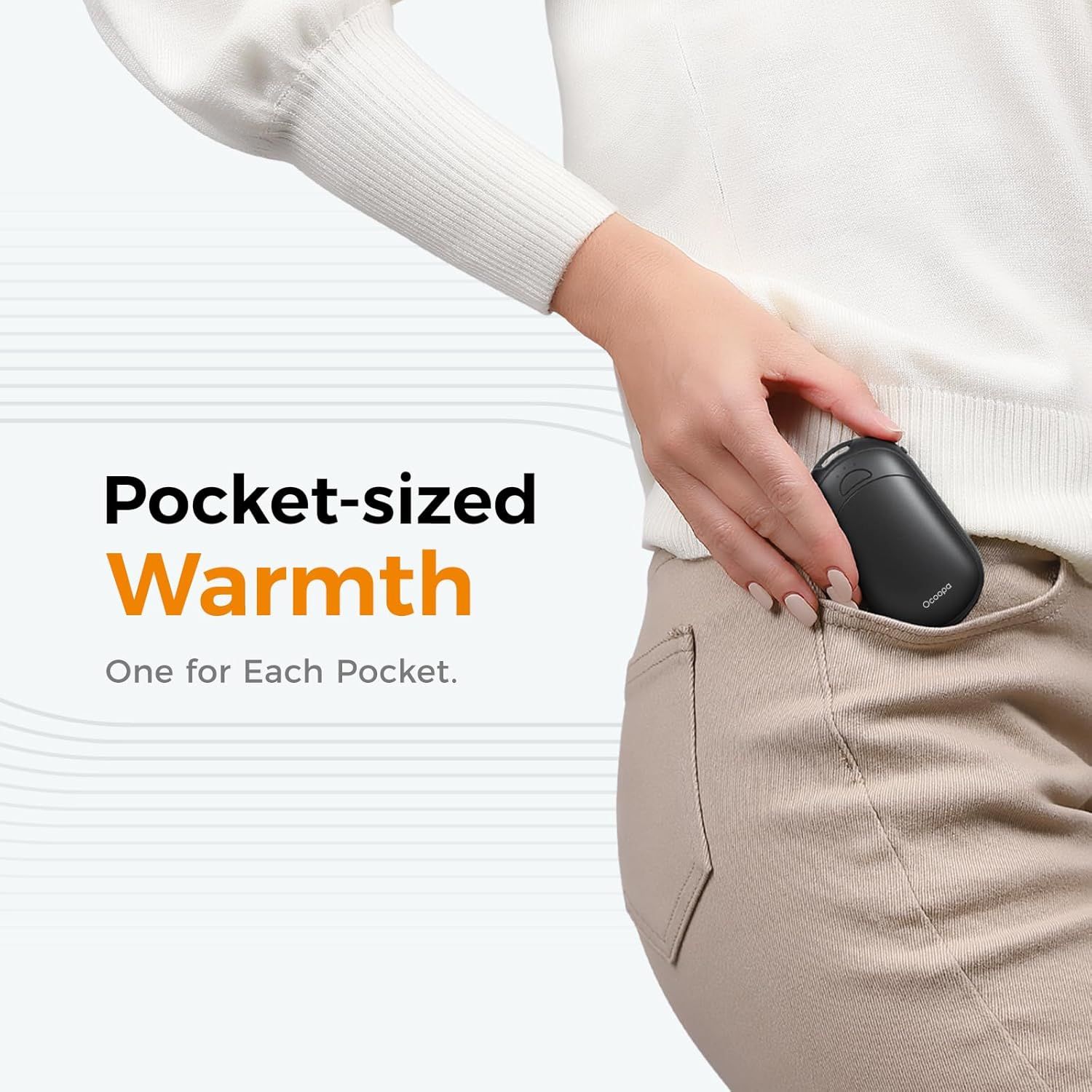Demonstrates the compact, pocket-sized design of the hand warmer to emphasize its portability and convenience for on-the-go warmth.
