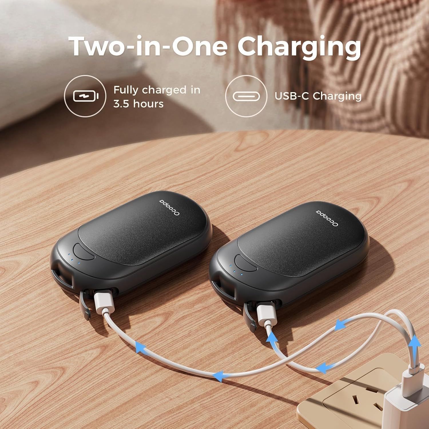 Demonstrates how the product charges using two different methods (fully charged in 3.5 hours and USB-C charging), showing shoppers the dual charging capability and ease of use. Highlights the…