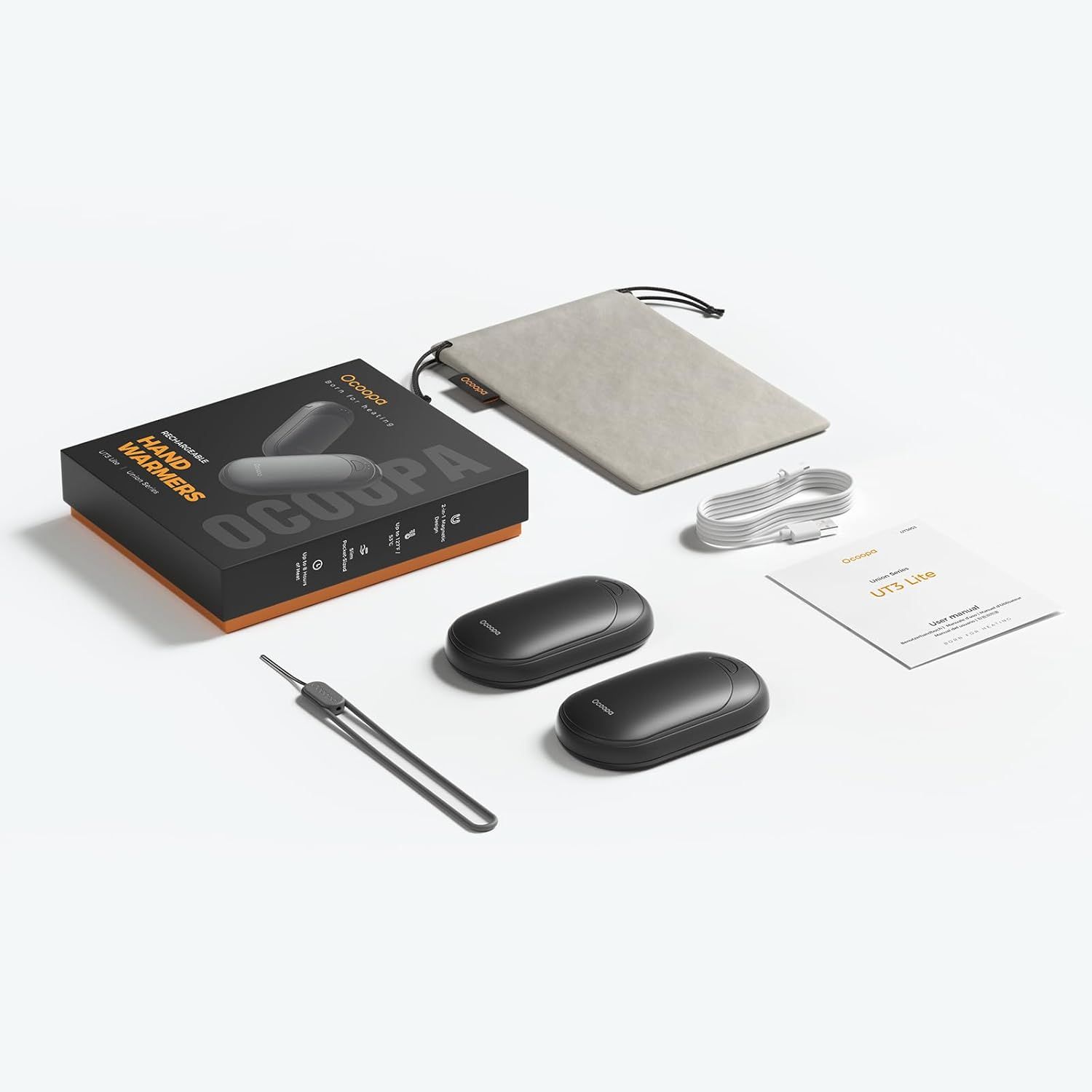 Shows everything included in the package to help shoppers understand the full value of their purchase, including the main product units, charging cable, carrying pouch, user manual, and tool.