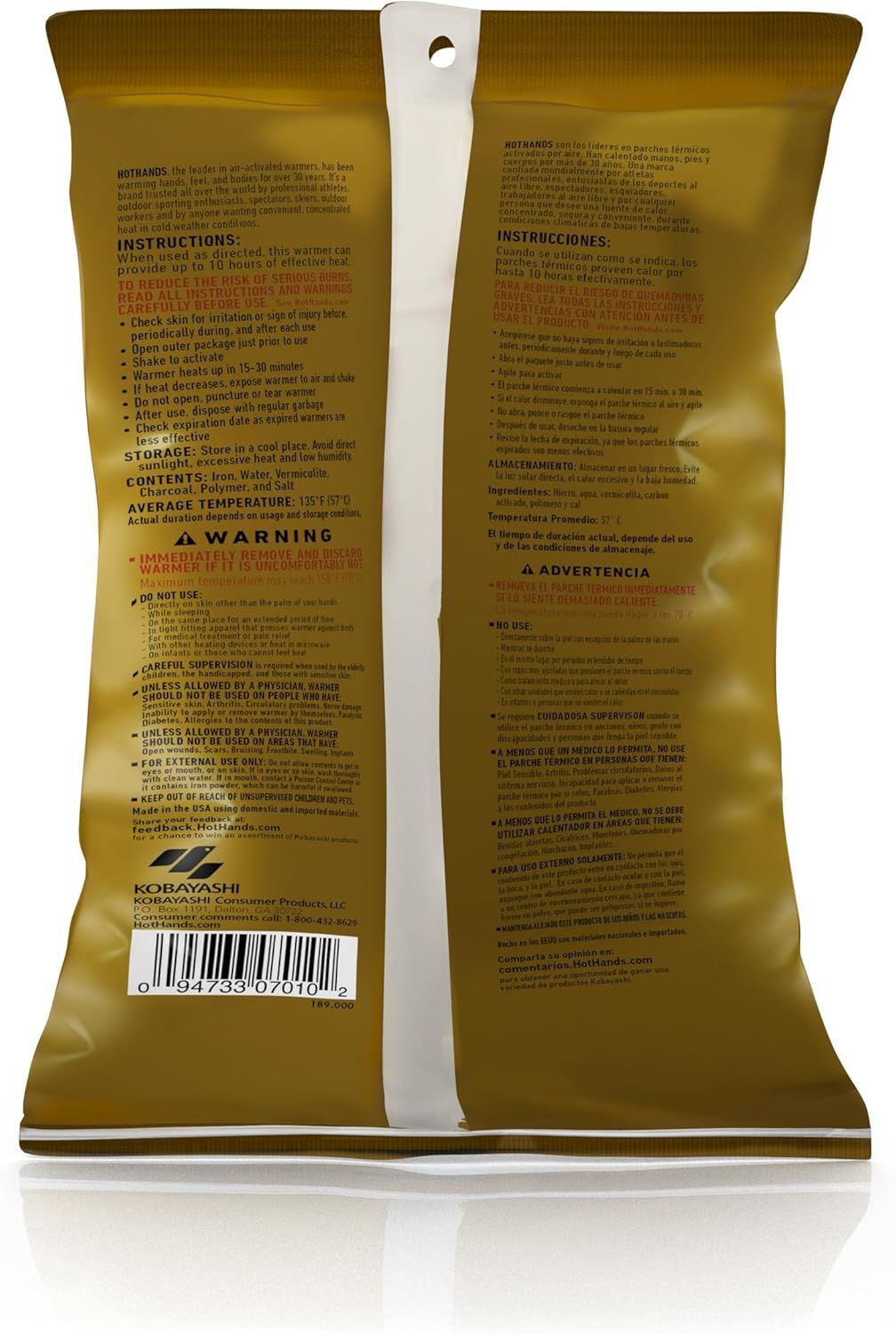 This image shows the back of the product packaging with detailed instructions on how to use the hand warmer safely and effectively, including activation steps, warnings, and storage information to…