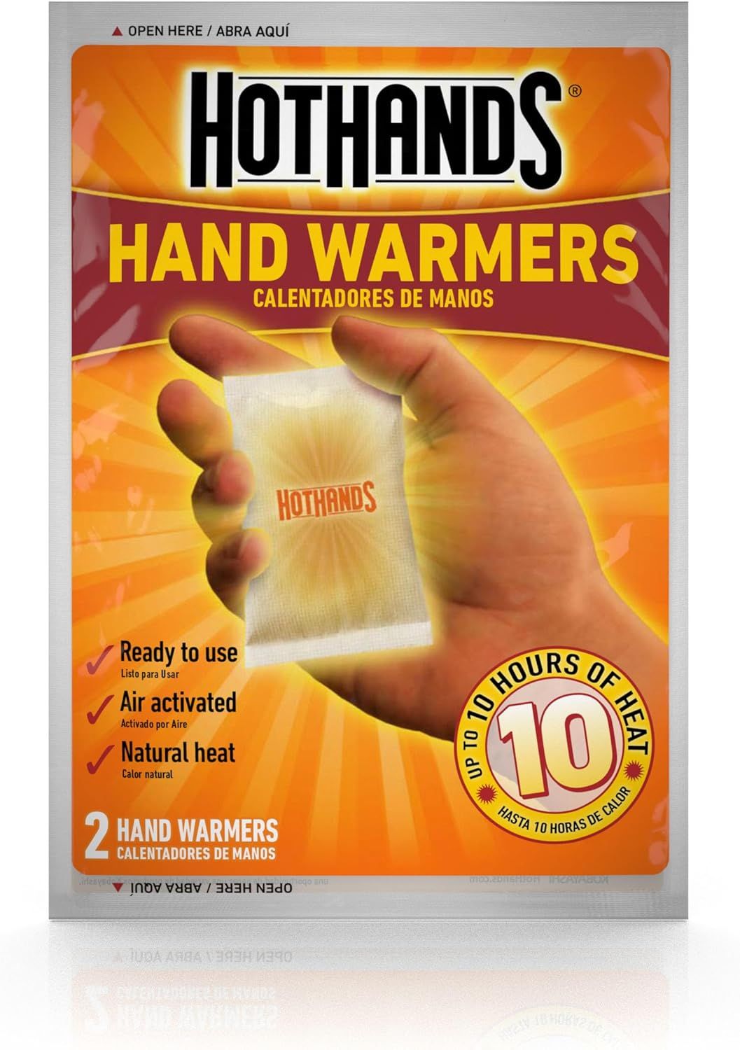Communicates multiple key benefits of the hand warmers in a visually segmented layout with checkmarks and a duration badge, helping shoppers quickly understand the product's convenience, activation…