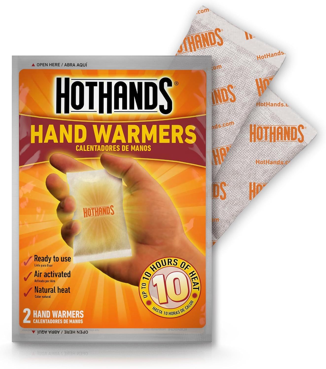 Shows the customer exactly what they will receive in the package: the outer packaging and the individual hand warmer packets inside, helping them understand the quantity and format of the product.…