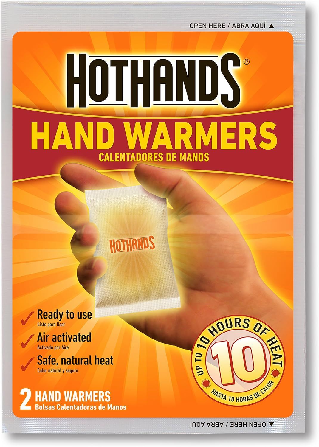 Communicates multiple key benefits of the hand warmers including convenience, activation method, and safety to help shoppers quickly understand the product's value propositions.