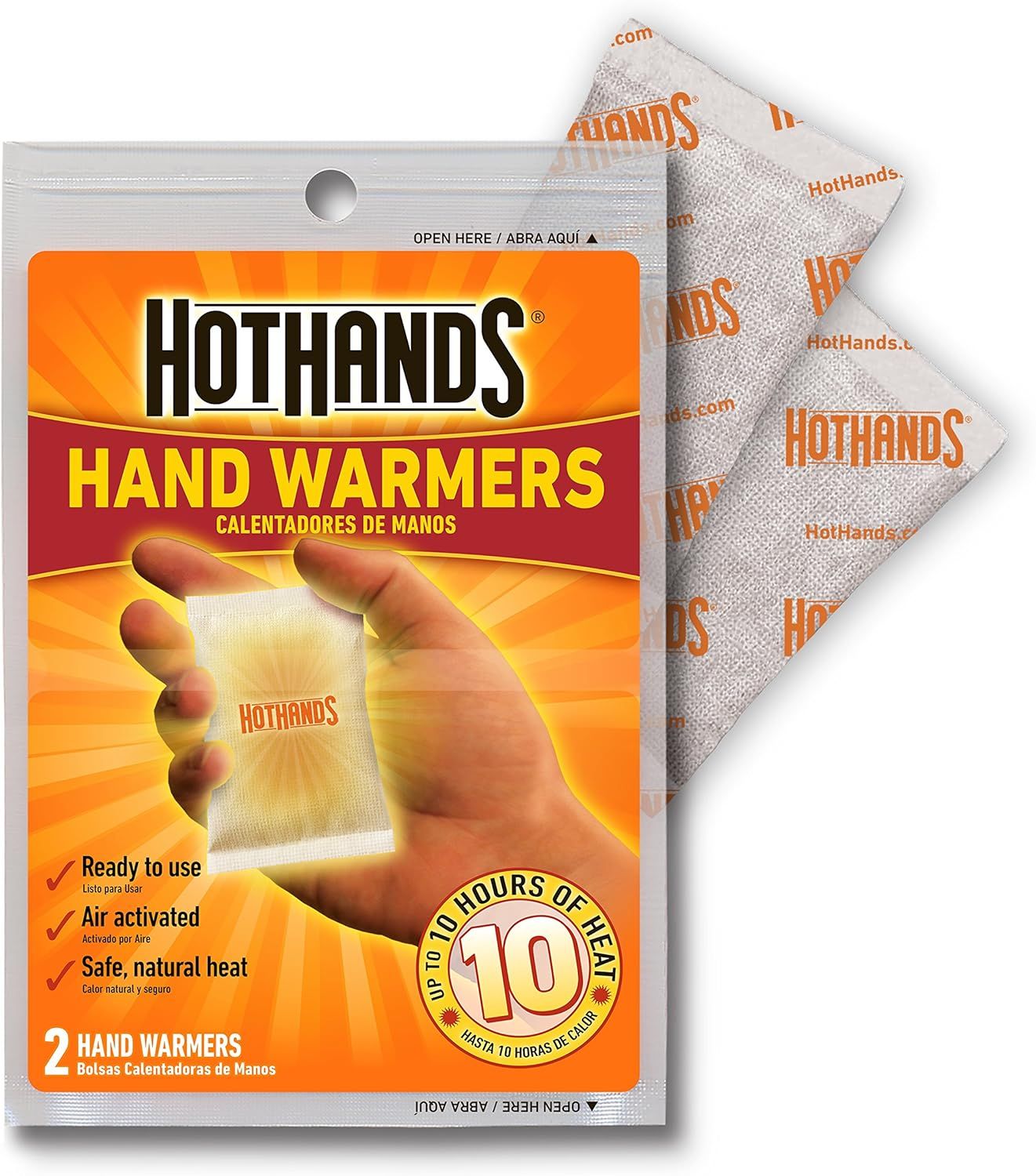 Communicates multiple key benefits of the hand warmers including ease of use, activation method, safety, and long-lasting heat duration to help shoppers understand the product's value proposition.