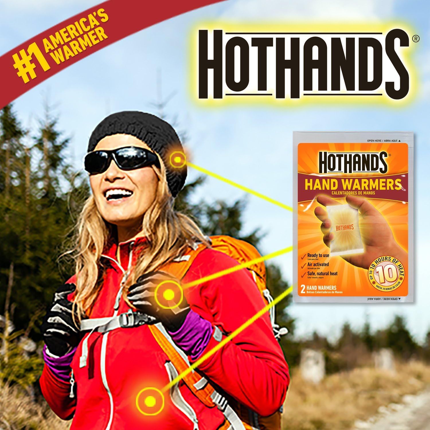 Demonstrates the product's use case for outdoor winter activities, showing how the hand warmers keep hands warm during cold-weather sports and recreation. Highlights the core benefit of providing…