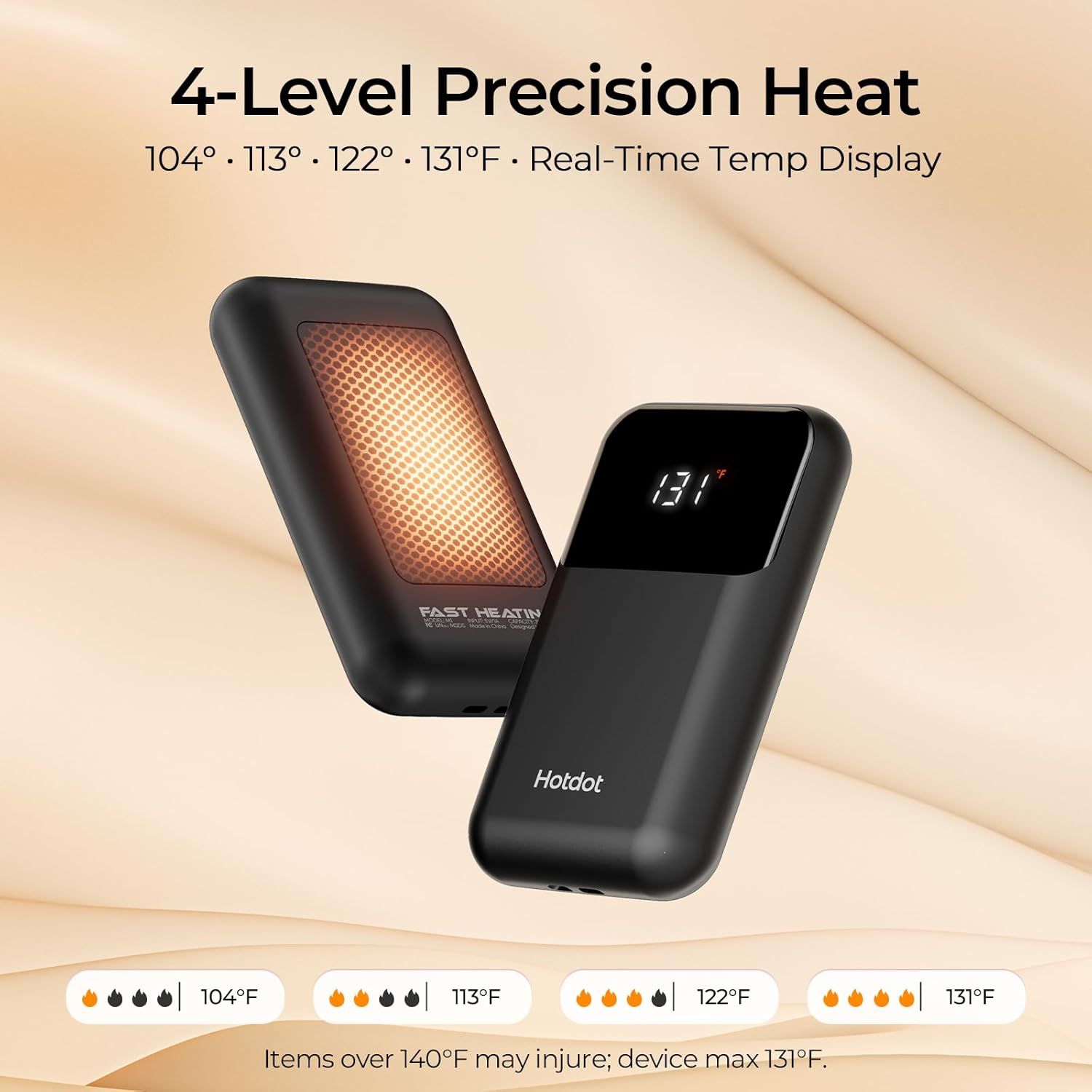 Communicates the product's precise temperature control feature with four heat settings and a digital display, reassuring shoppers they can customize and monitor heating levels for safety and comfort.