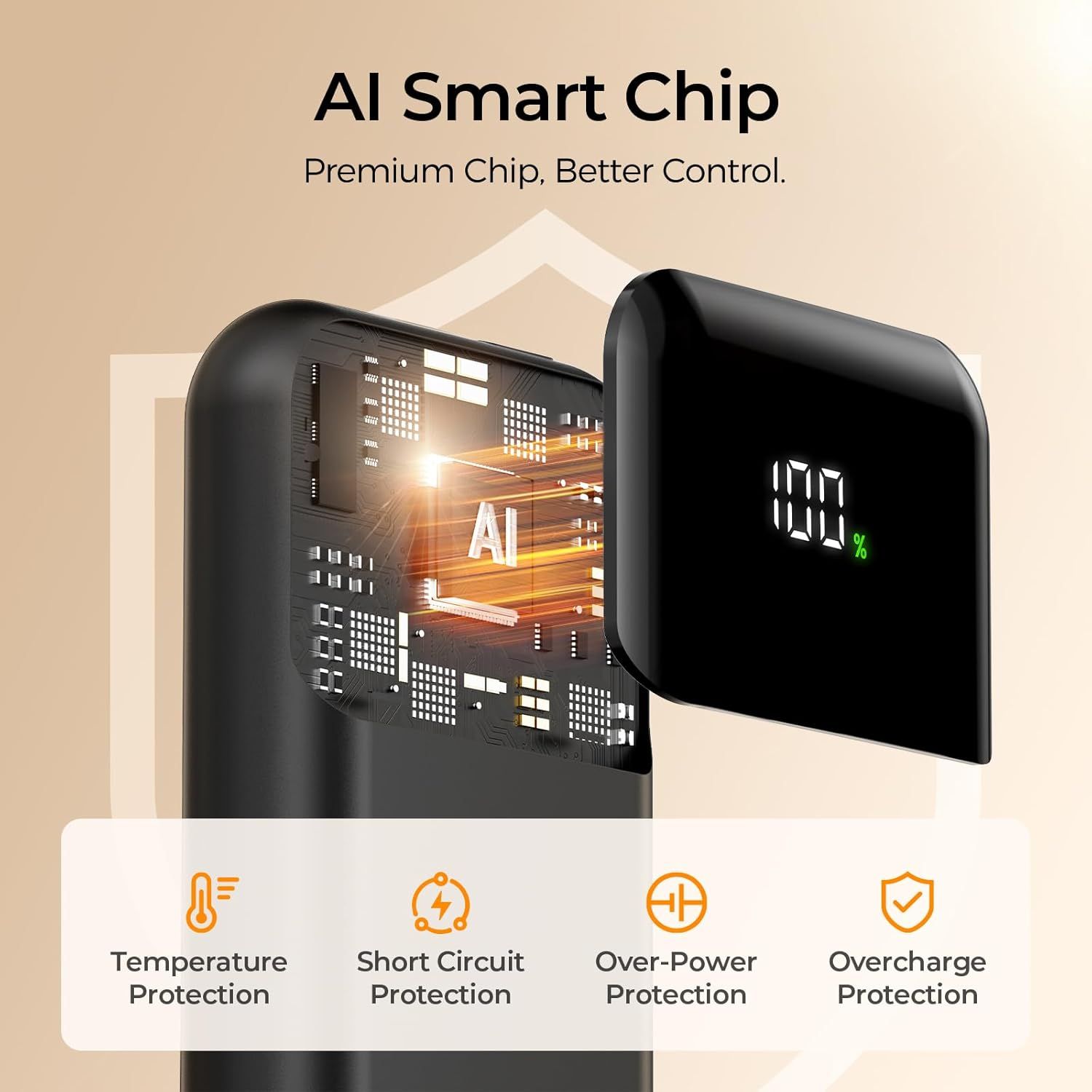 Communicates the product's advanced AI chip technology and multiple safety features to reassure shoppers about intelligent control and comprehensive protection during use.