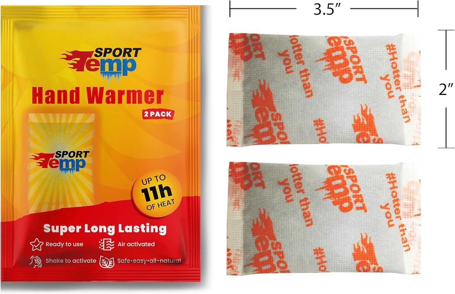 Shows the exact physical size of the hand warmer packets (3.5 inches by 2 inches) to help shoppers understand how compact and portable they are.
