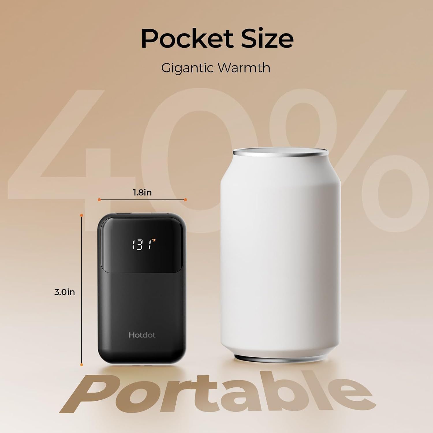 Demonstrates the product's compact, pocket-friendly size (3.0in x 1.8in) by comparing it to a standard beverage can, reassuring shoppers that it's highly portable and travel-friendly. Emphasizes the…