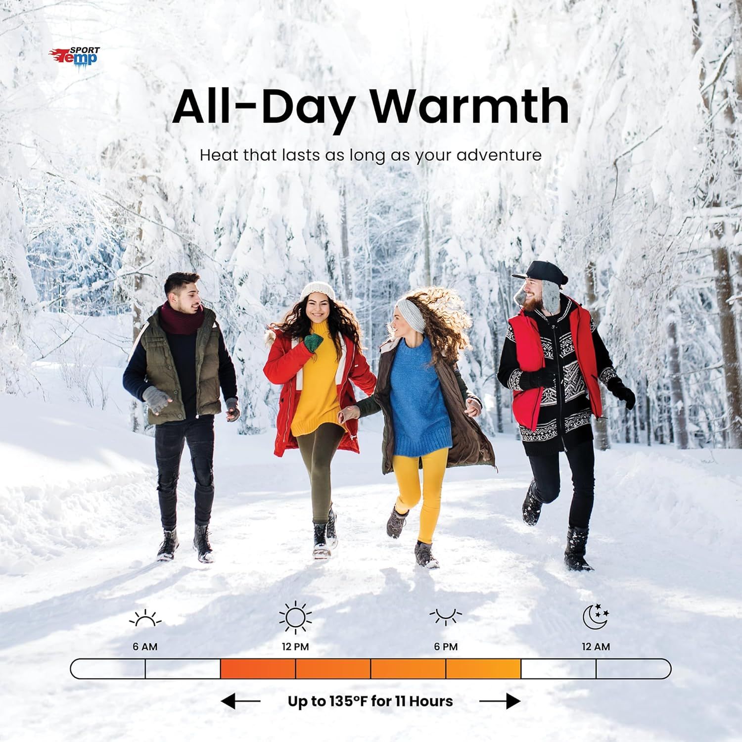 Communicates the product's heating performance with a specific quantifiable claim (up to 135°F for 11 hours) to reassure shoppers about all-day warmth during outdoor winter activities. Highlights…