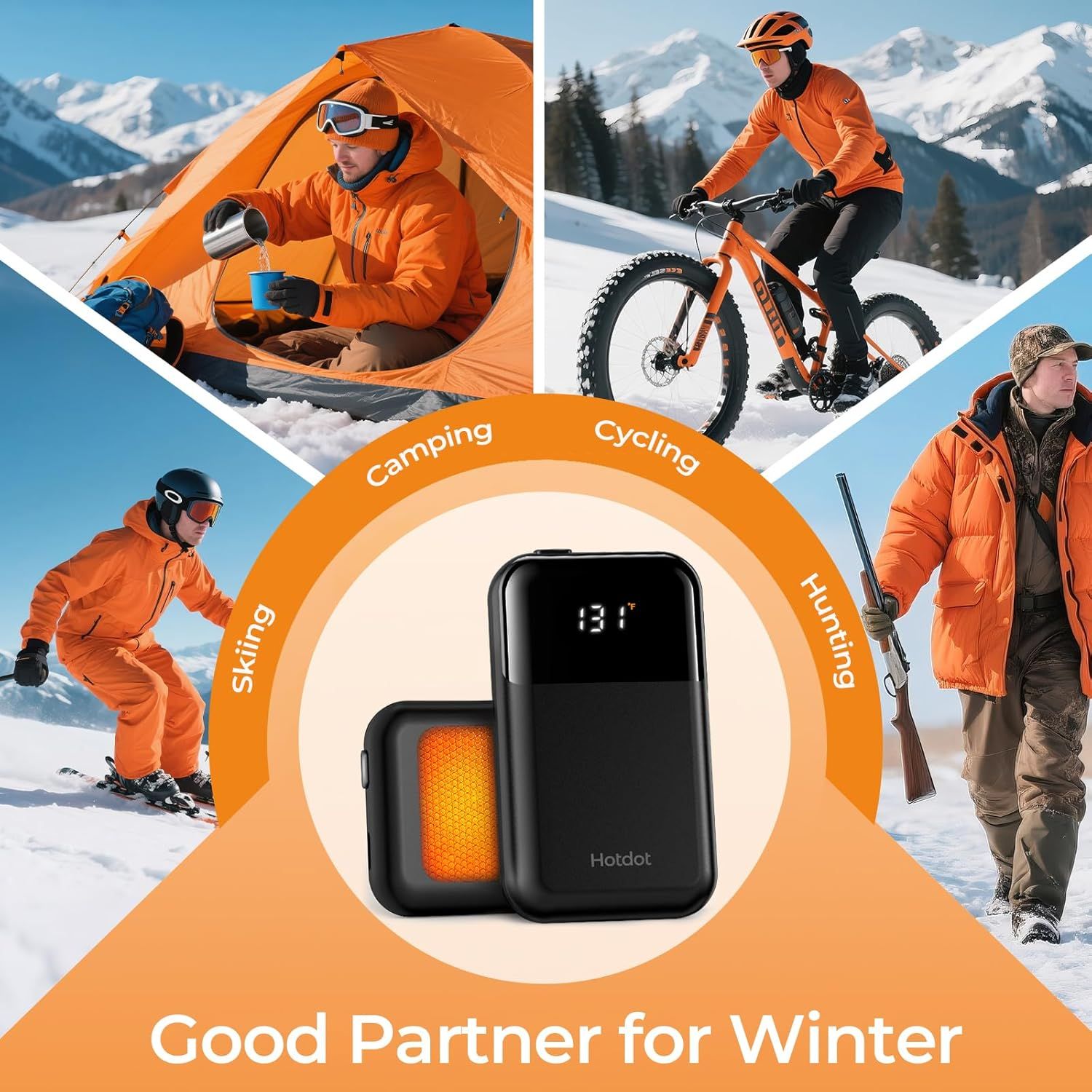Demonstrates the product's versatility across multiple winter outdoor activities to show shoppers it's a multi-purpose heating solution for various cold-weather scenarios.