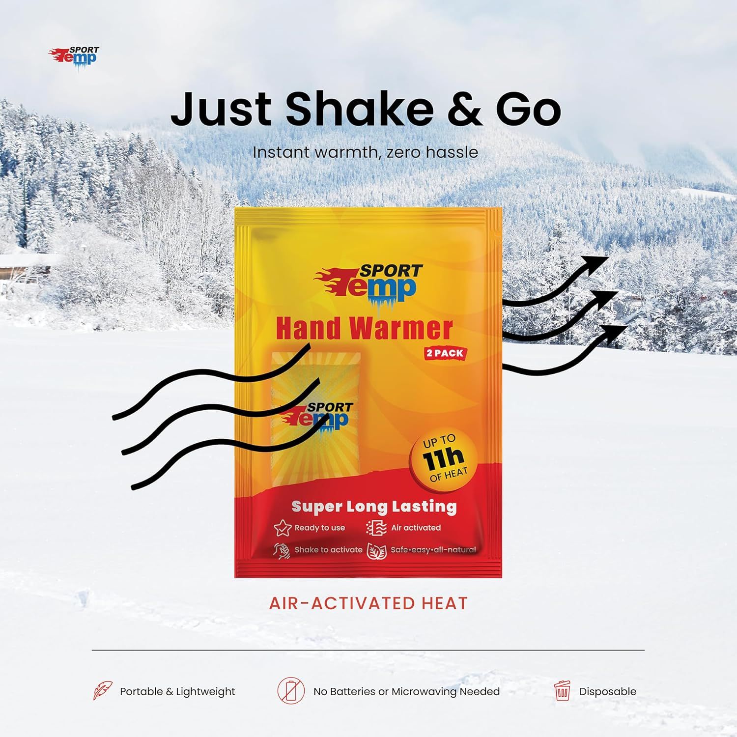 Communicates multiple key benefits of the hand warmer product including ease of use, duration of heat, portability, and convenience to reassure shoppers this is a hassle-free warming solution for…