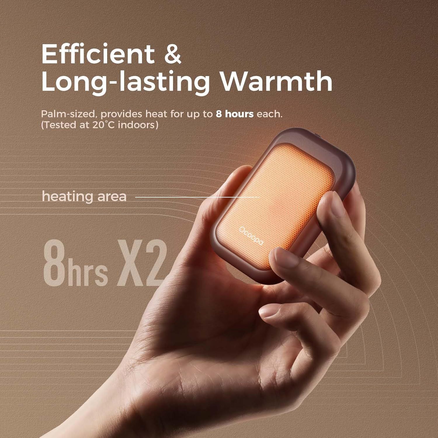 Communicates the product's impressive heat duration (8 hours per use) and compact palm-sized form factor to reassure shoppers about long-lasting warmth and portability. Highlights the core benefit…