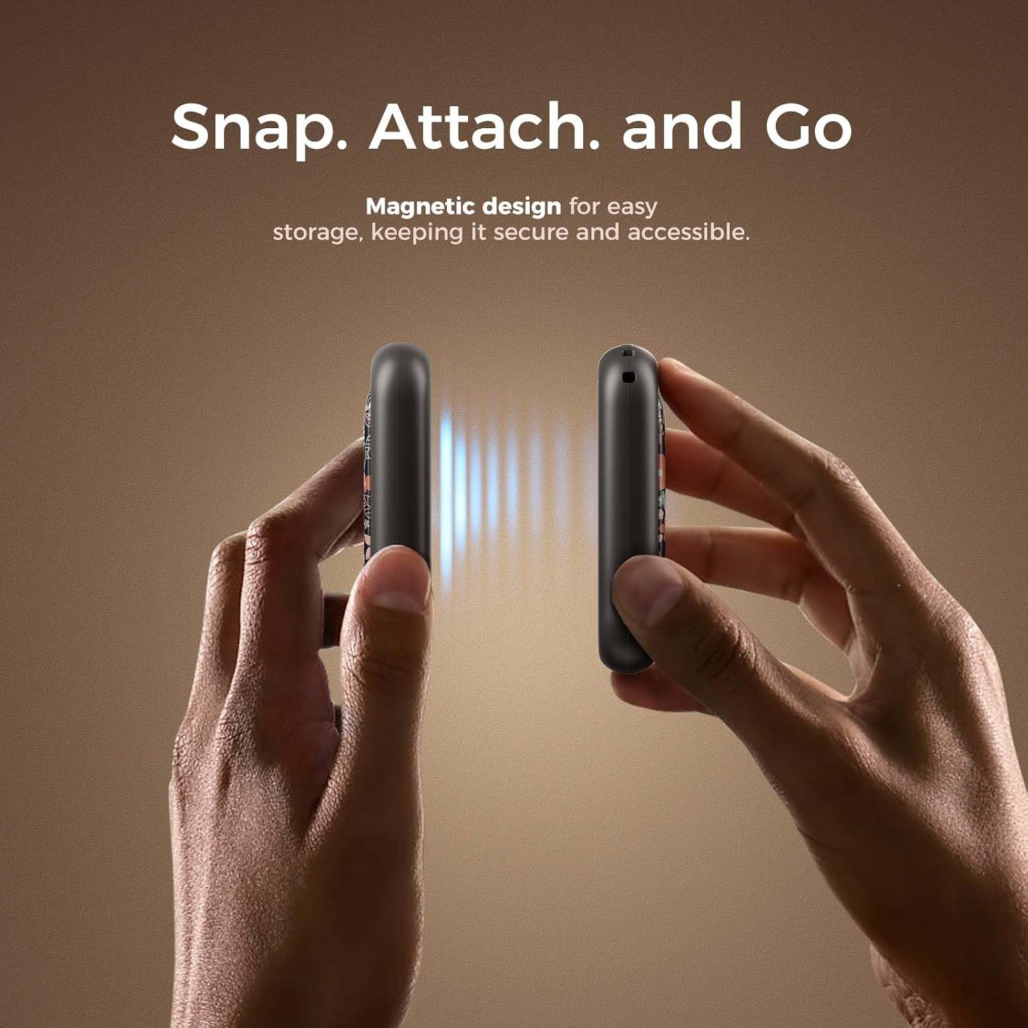 Demonstrates the magnetic attachment feature that allows the product to snap together for easy, secure storage and accessibility.