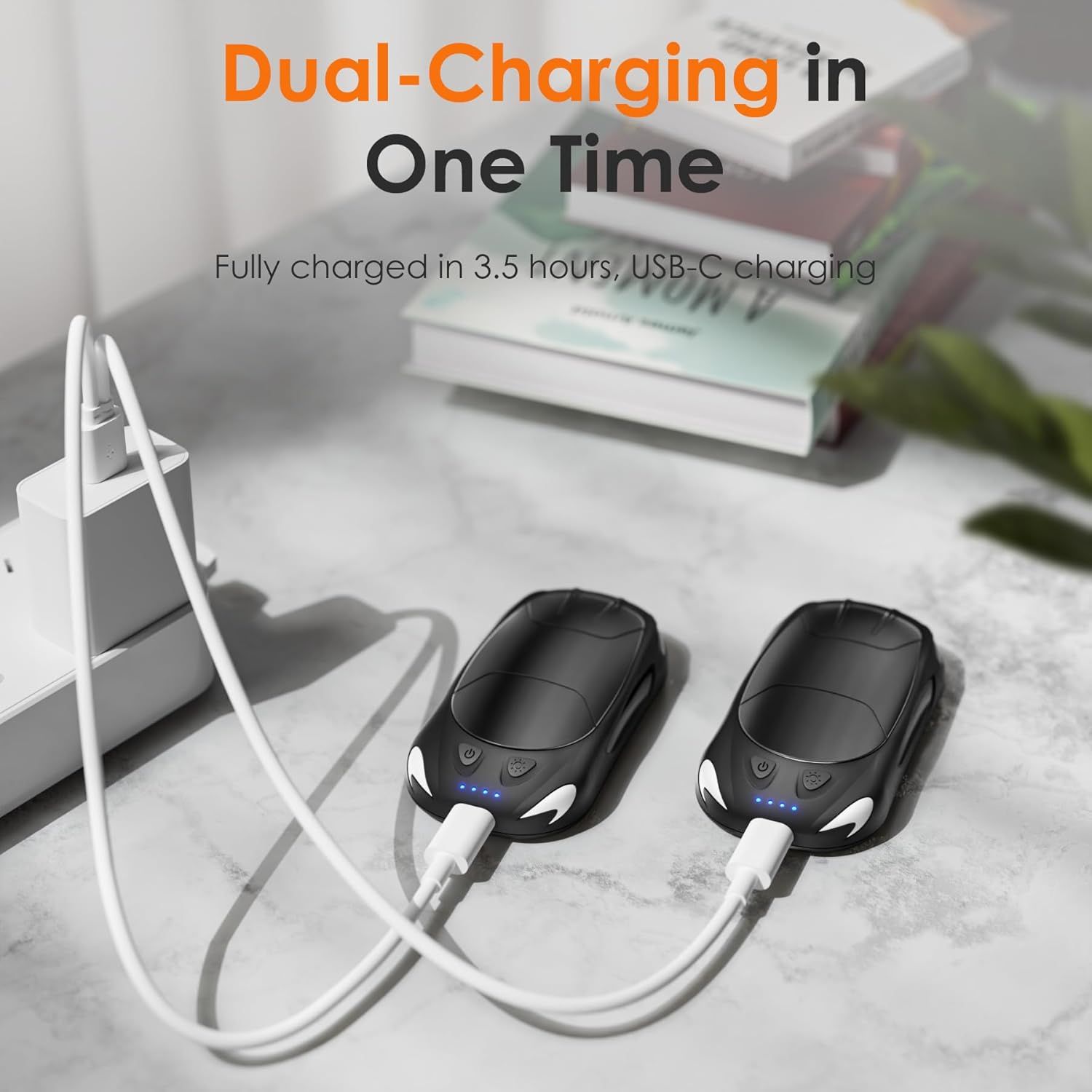 Communicates the product's ability to charge two devices simultaneously and highlights the fast charging time of 3.5 hours with USB-C to reassure shoppers of efficiency and convenience. Demonstrates…