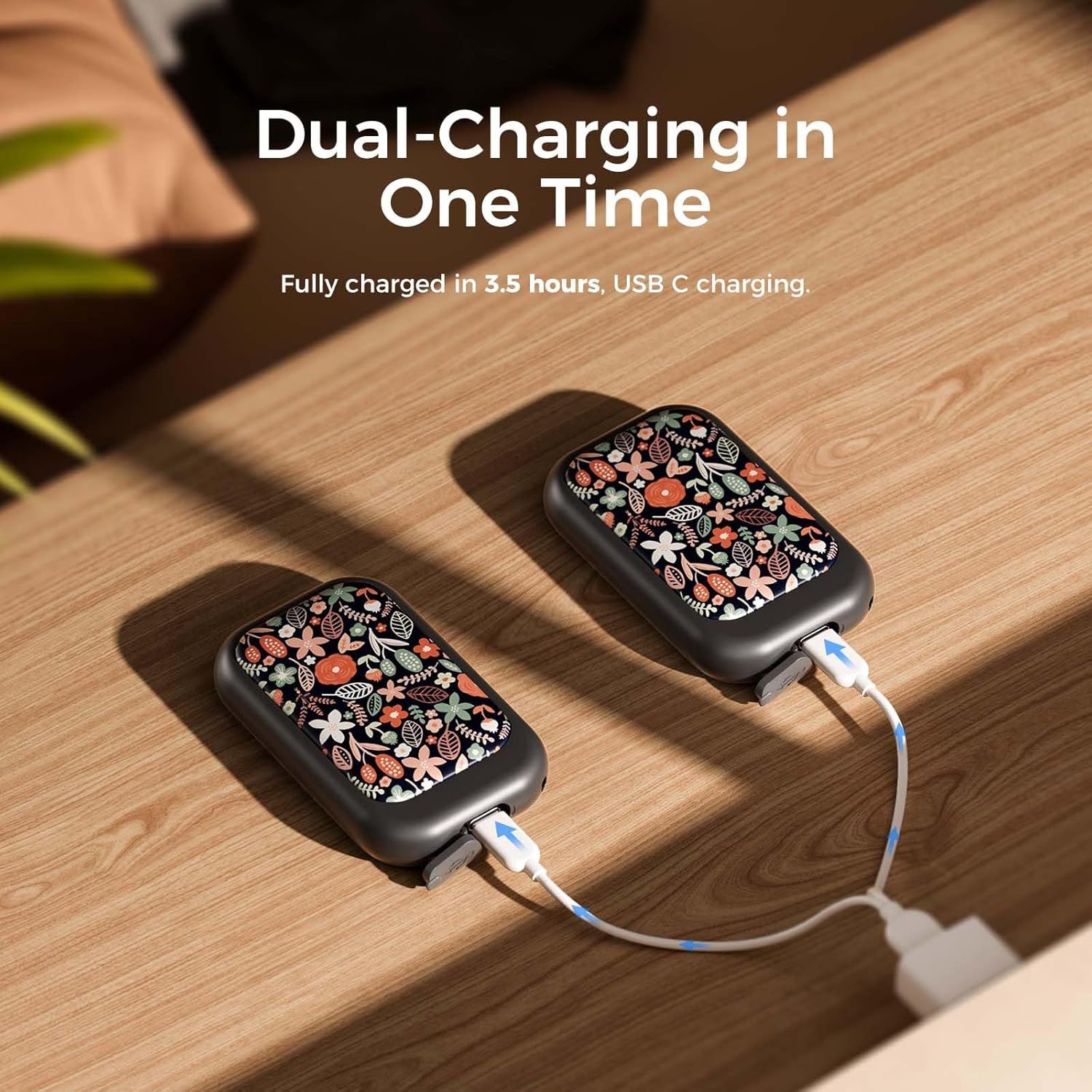 Communicates the product's fast charging performance (3.5 hours for full charge) and ability to charge two devices simultaneously, reassuring shoppers of efficiency and convenience. Highlights the…