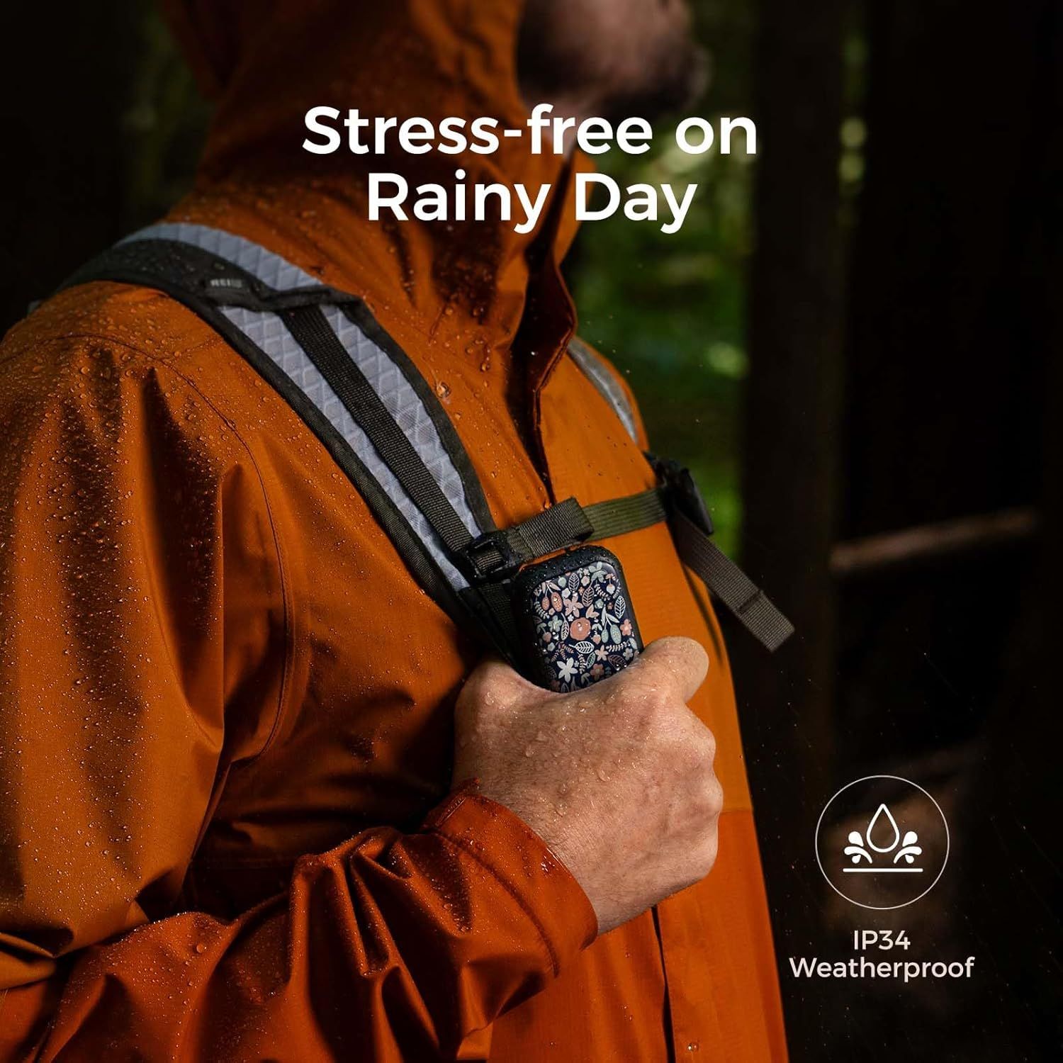 Communicates that the product is IP34 weatherproof, reassuring shoppers they can use it confidently in rainy conditions without worry.