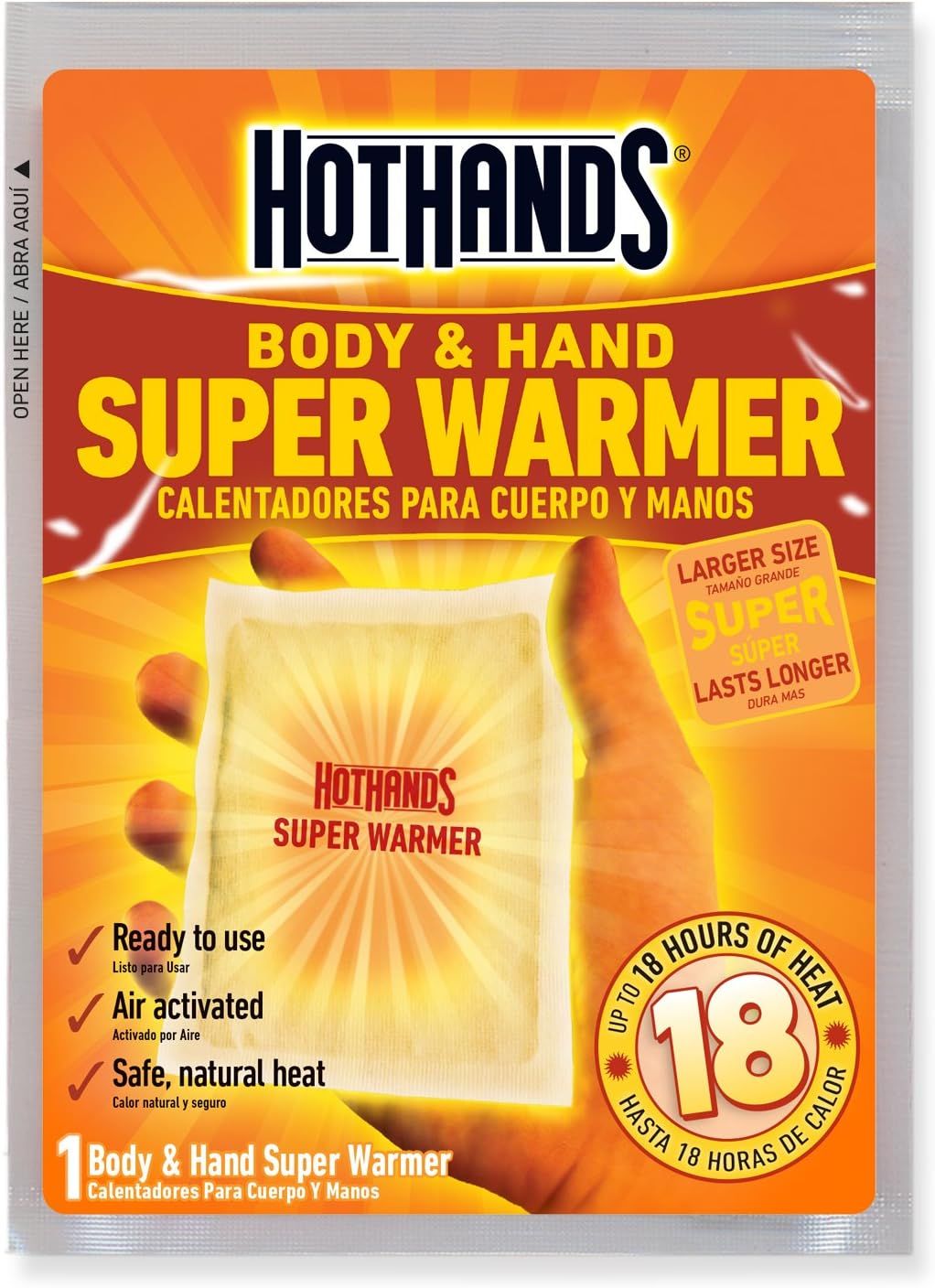Communicates multiple key benefits of the hand warmer including ease of use, activation method, safety, duration, and size to help shoppers understand the product's complete value proposition.