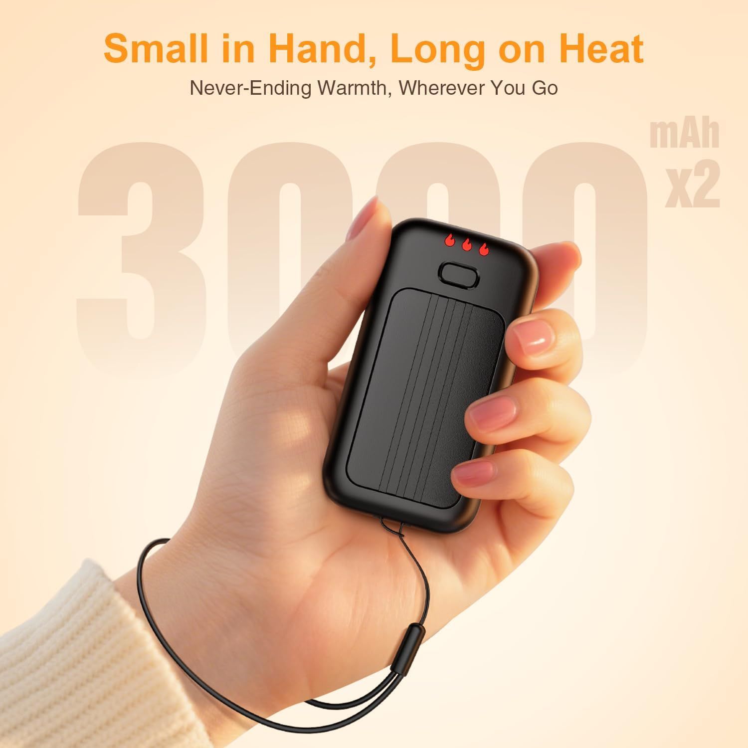Communicates the high battery capacity of the portable hand warmer to reassure shoppers of long-lasting heat and portability. Highlights the dual benefit of portability and extended heat duration,…