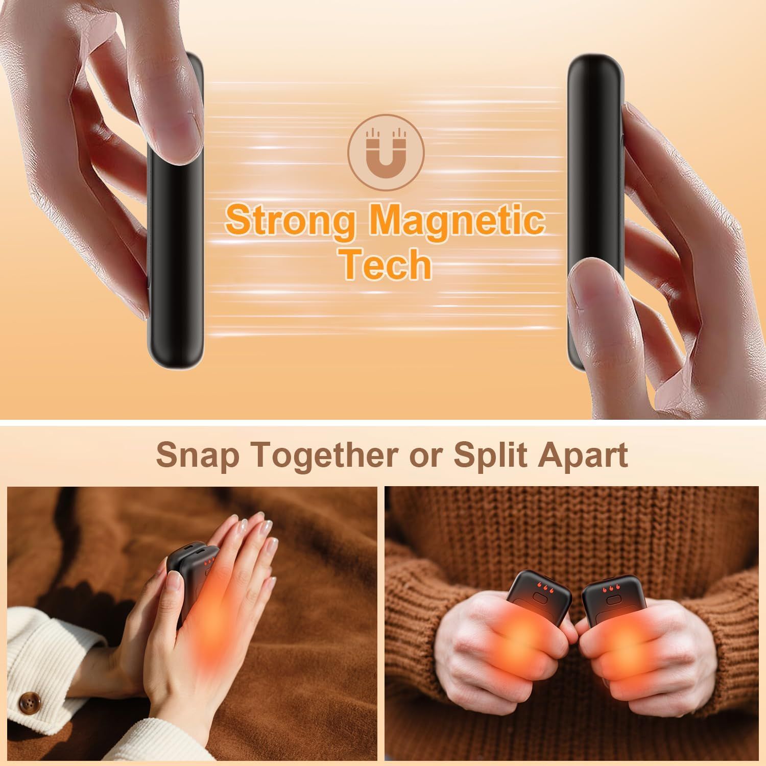 Highlights the product's magnetic connection feature, demonstrating how the two pieces easily snap together or separate for convenient use and portability.