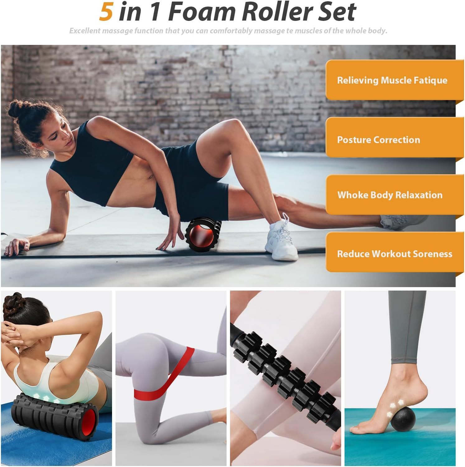 Communicates the multiple benefits of the foam roller set, including muscle recovery, posture improvement, relaxation, and soreness reduction, to show shoppers the comprehensive wellness value of…