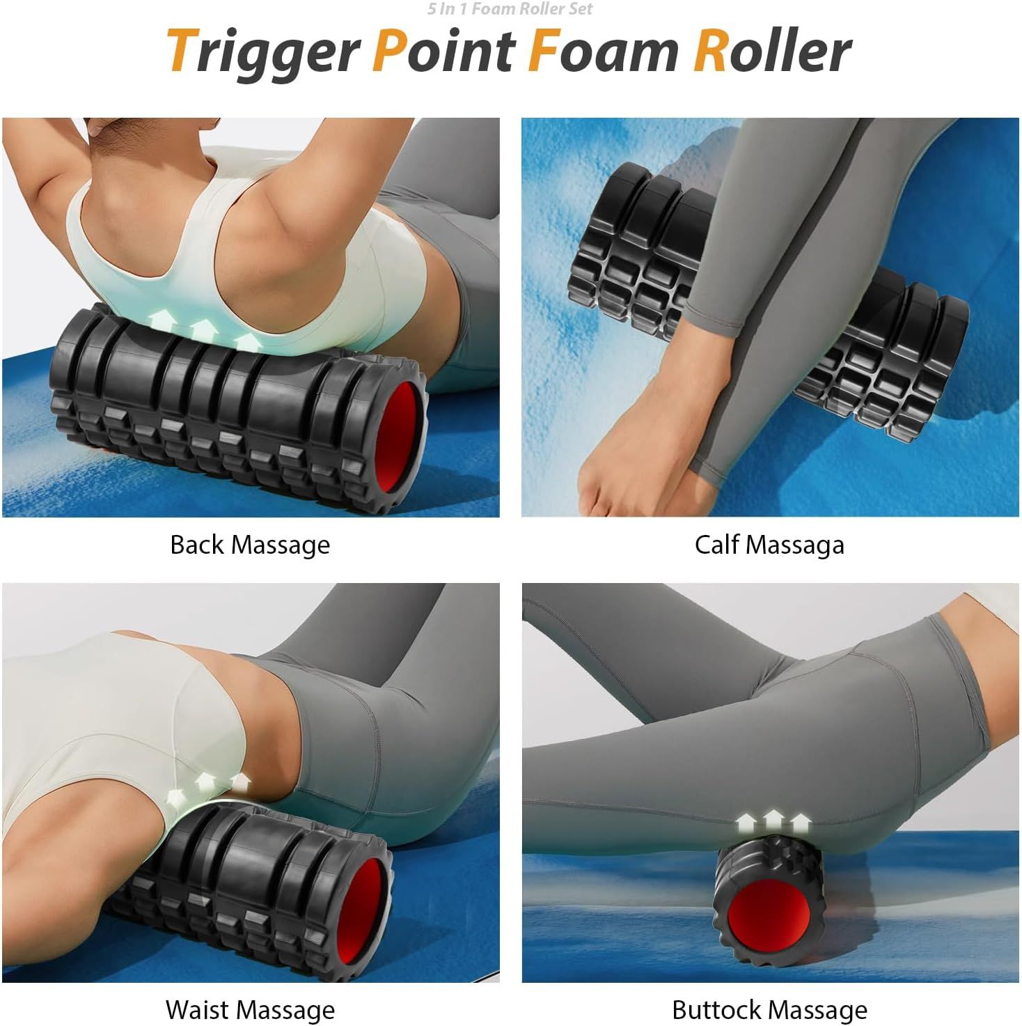 Demonstrates the versatility of the trigger point foam roller by showing four different body areas where it can be used for massage and muscle recovery.