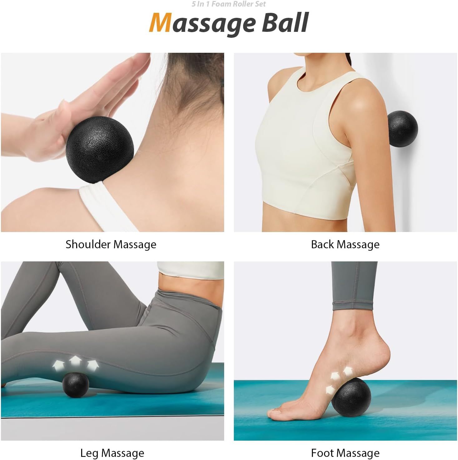 Demonstrates the versatility of the massage ball by showing four different body areas where it can be used, helping shoppers understand the product's multiple applications. Communicates the…