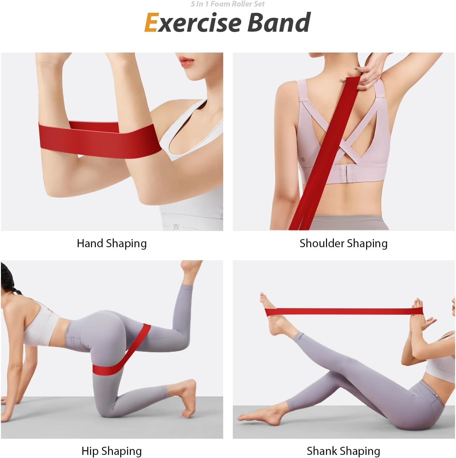 Demonstrates the versatility of the exercise band by showing four distinct body-shaping applications, helping shoppers understand the multiple ways they can use the product for different muscle…