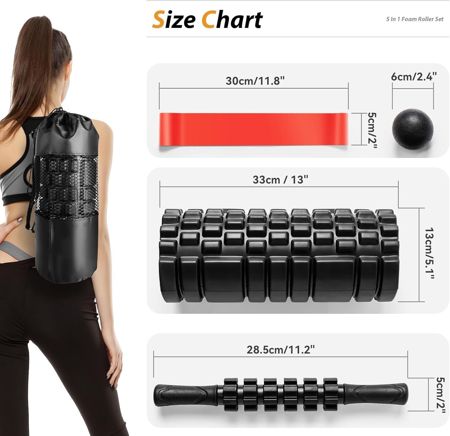 Provides exact dimensional measurements for each item in the foam roller set, helping shoppers understand the physical size of the resistance band, massage ball, foam roller, and massage stick…