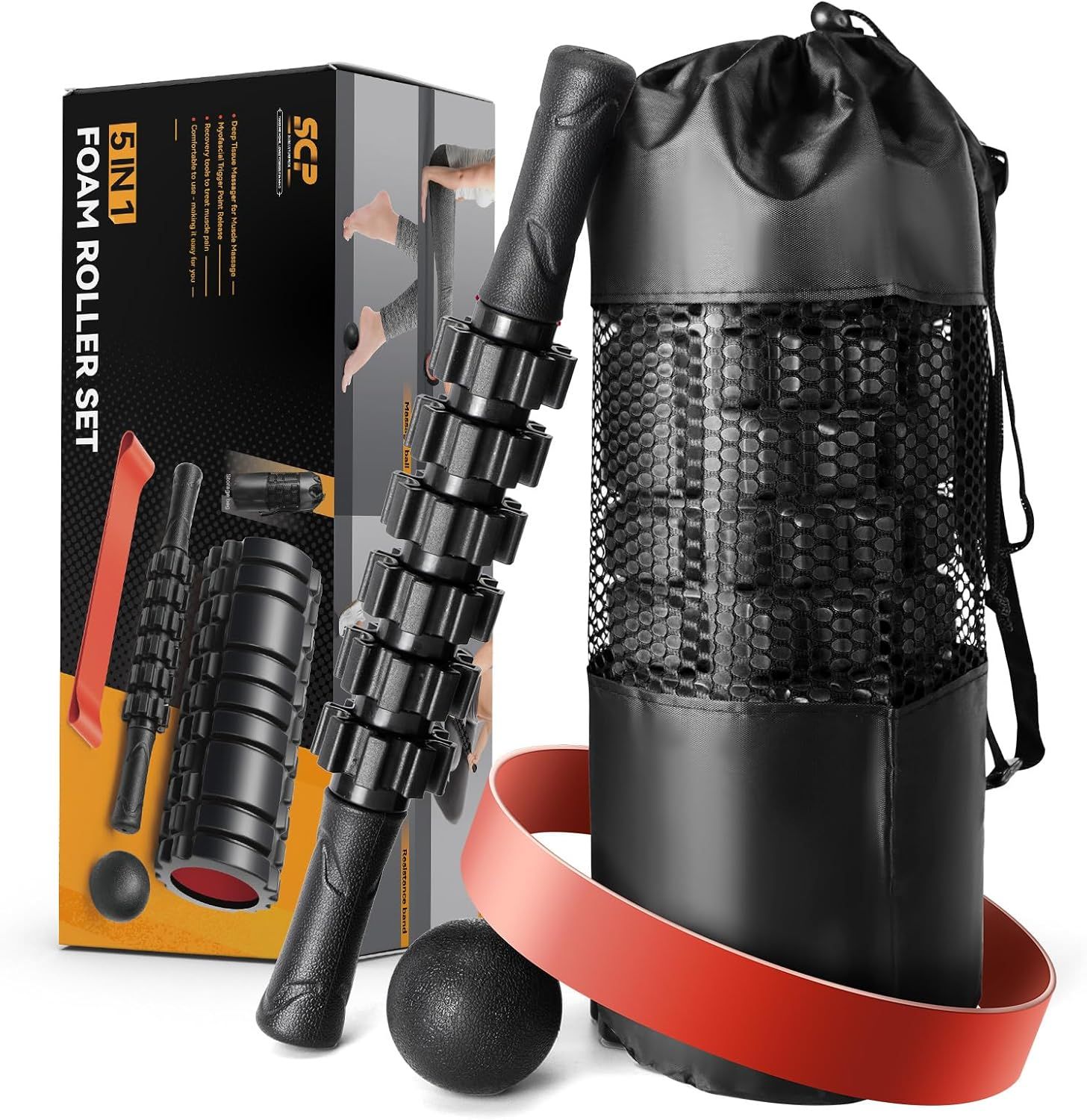 Shows all items included in the purchase: foam rollers, massage ball, resistance band, and carrying bag to demonstrate the complete value of the bundle.