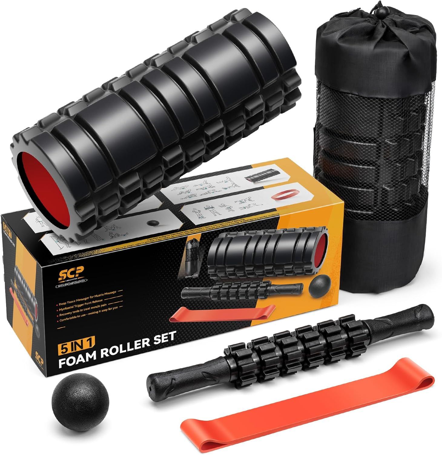Shows all items included in the purchase—foam roller, massage stick, massage balls, resistance band, and carrying bag—to demonstrate the complete value and versatility of the bundle.